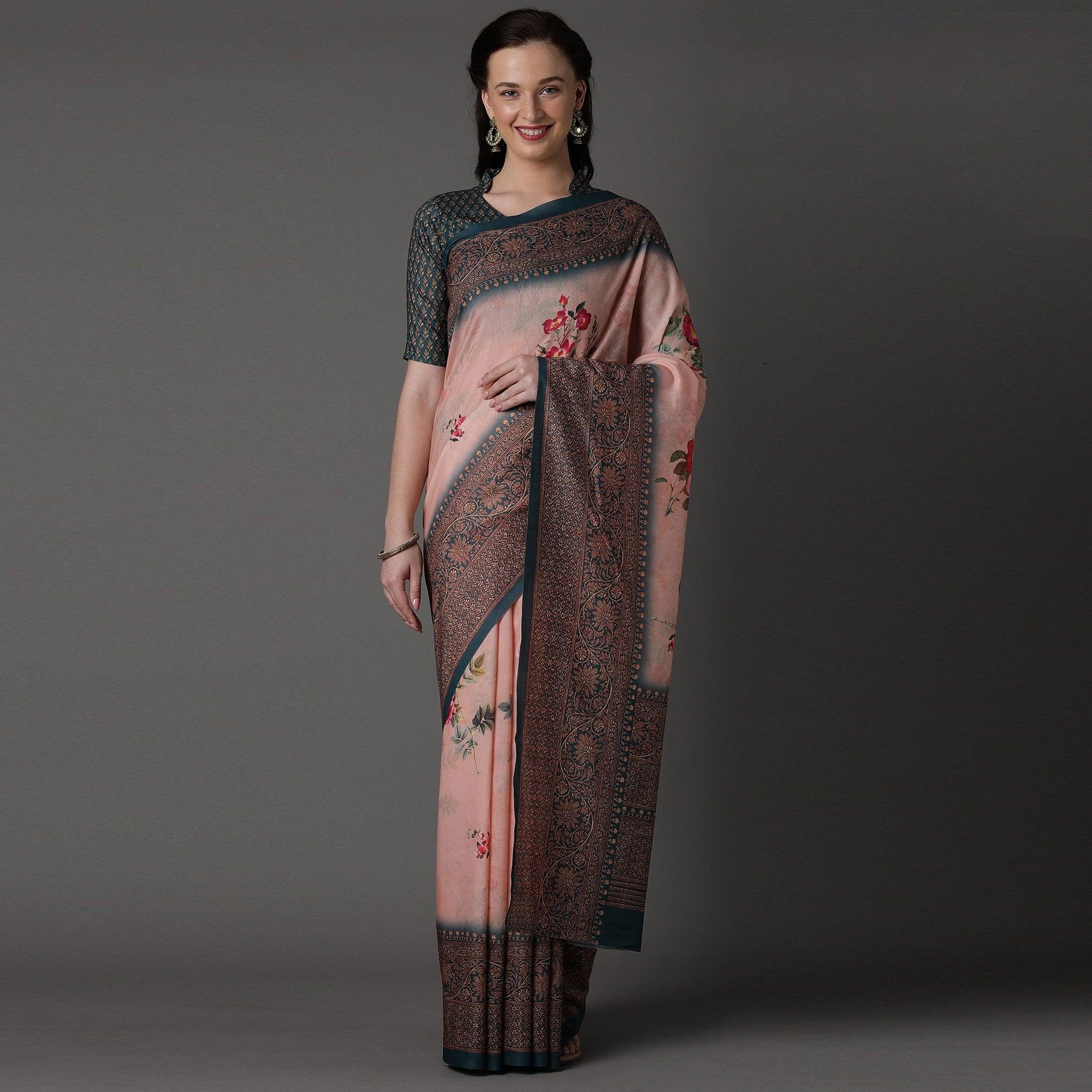 Peach Casual Cotton Silk Printed Saree With Unstitched Blouse - Peachmode