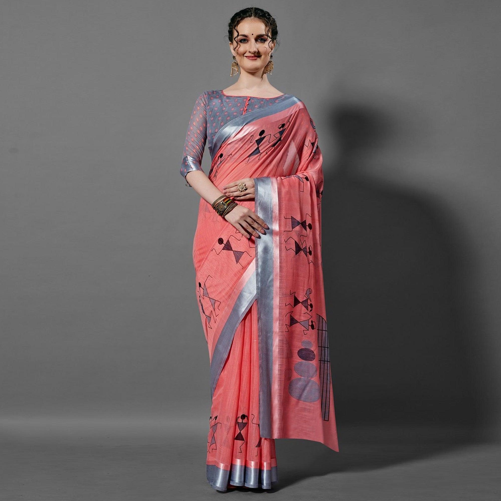 Peach Casual Linen Printed Saree With Unstitched Blouse - Peachmode