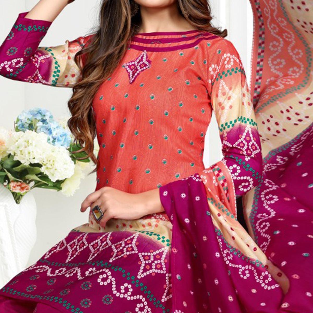 Peach Casual Wear Bandhani Printed Cotton Patiala Dress Material - Peachmode