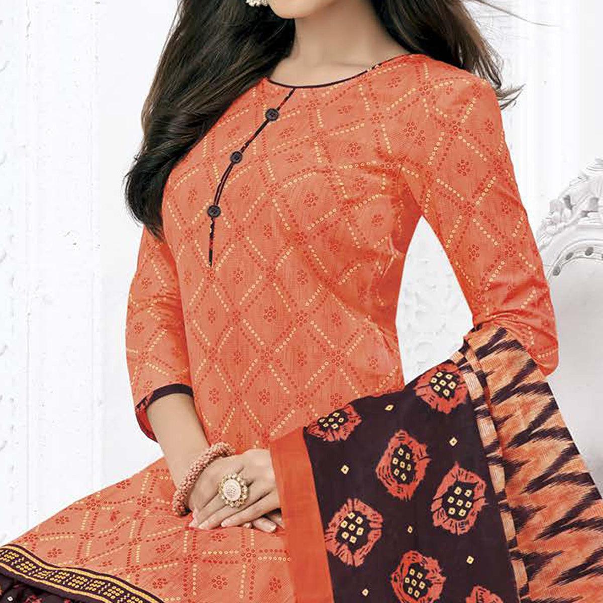 Peach Casual Wear Batik Printed Cotton Patiala Dress Material - Peachmode