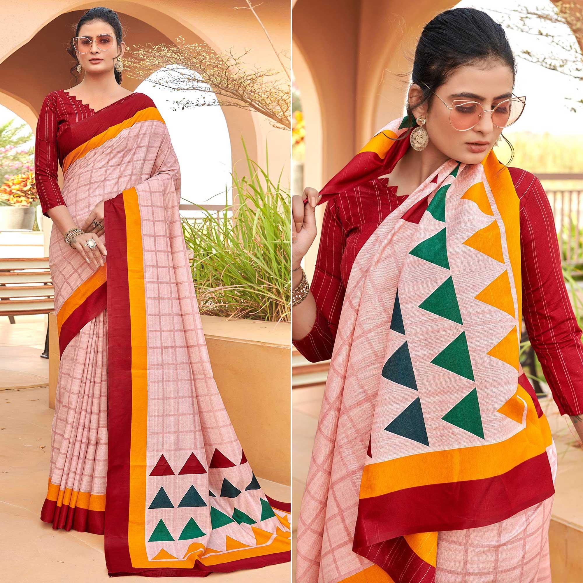 Peach Casual Wear Checks Printed Bhagalpuri Silk Saree - Peachmode