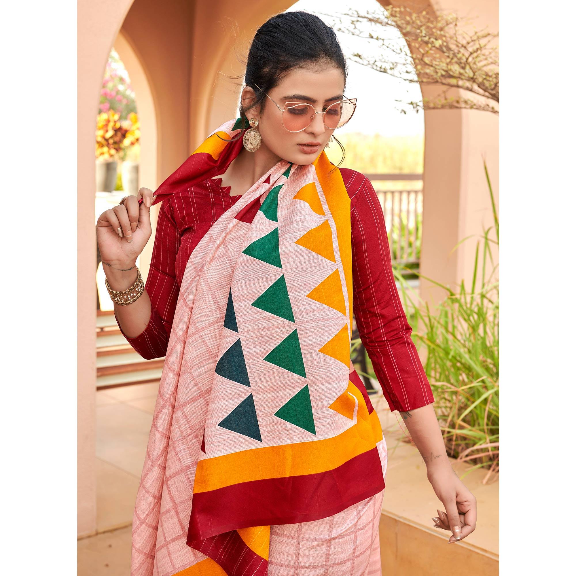 Peach Casual Wear Checks Printed Bhagalpuri Silk Saree - Peachmode