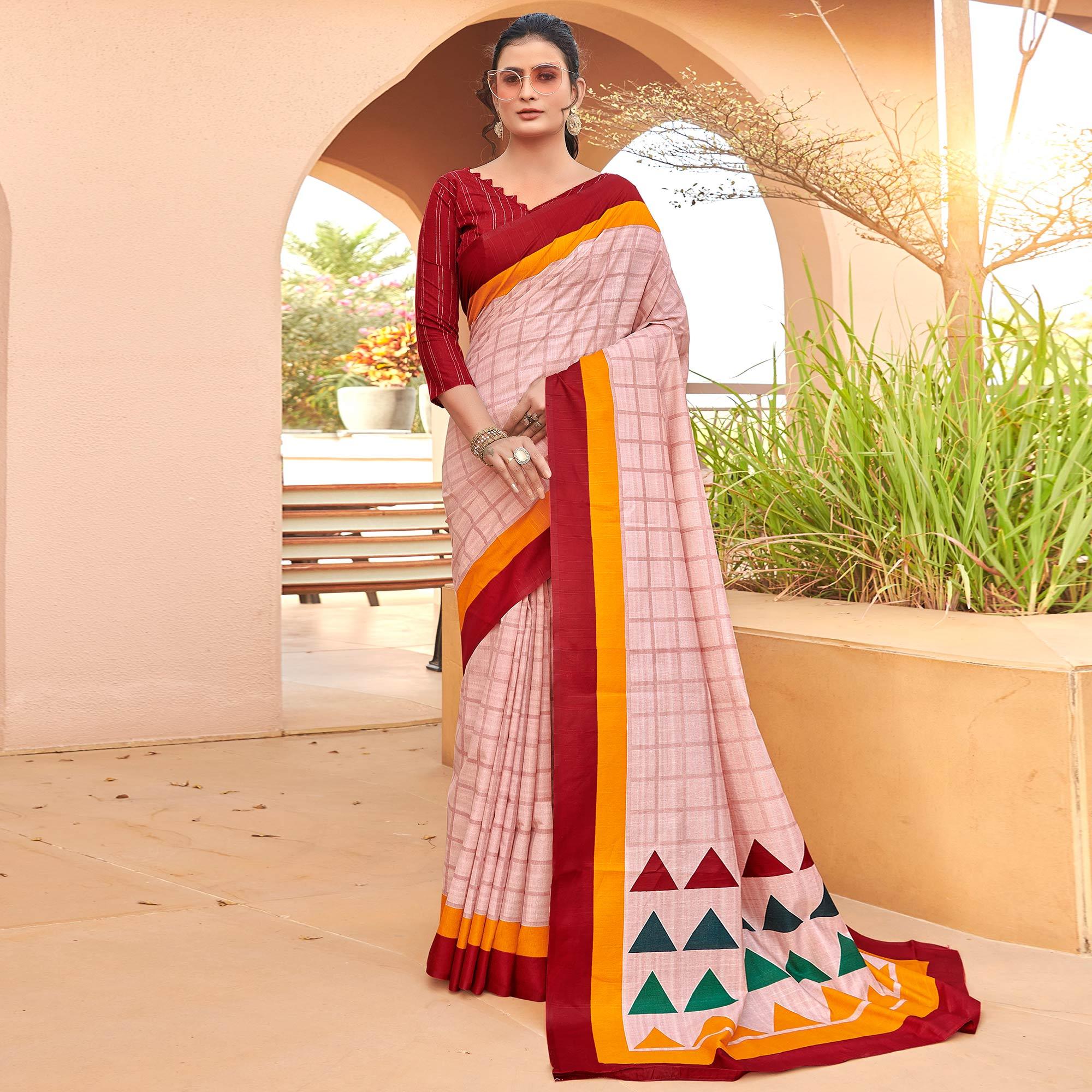 Peach Casual Wear Checks Printed Bhagalpuri Silk Saree - Peachmode