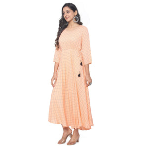 Peach Casual Wear Checks Printed Rayon Long Kurti - Peachmode
