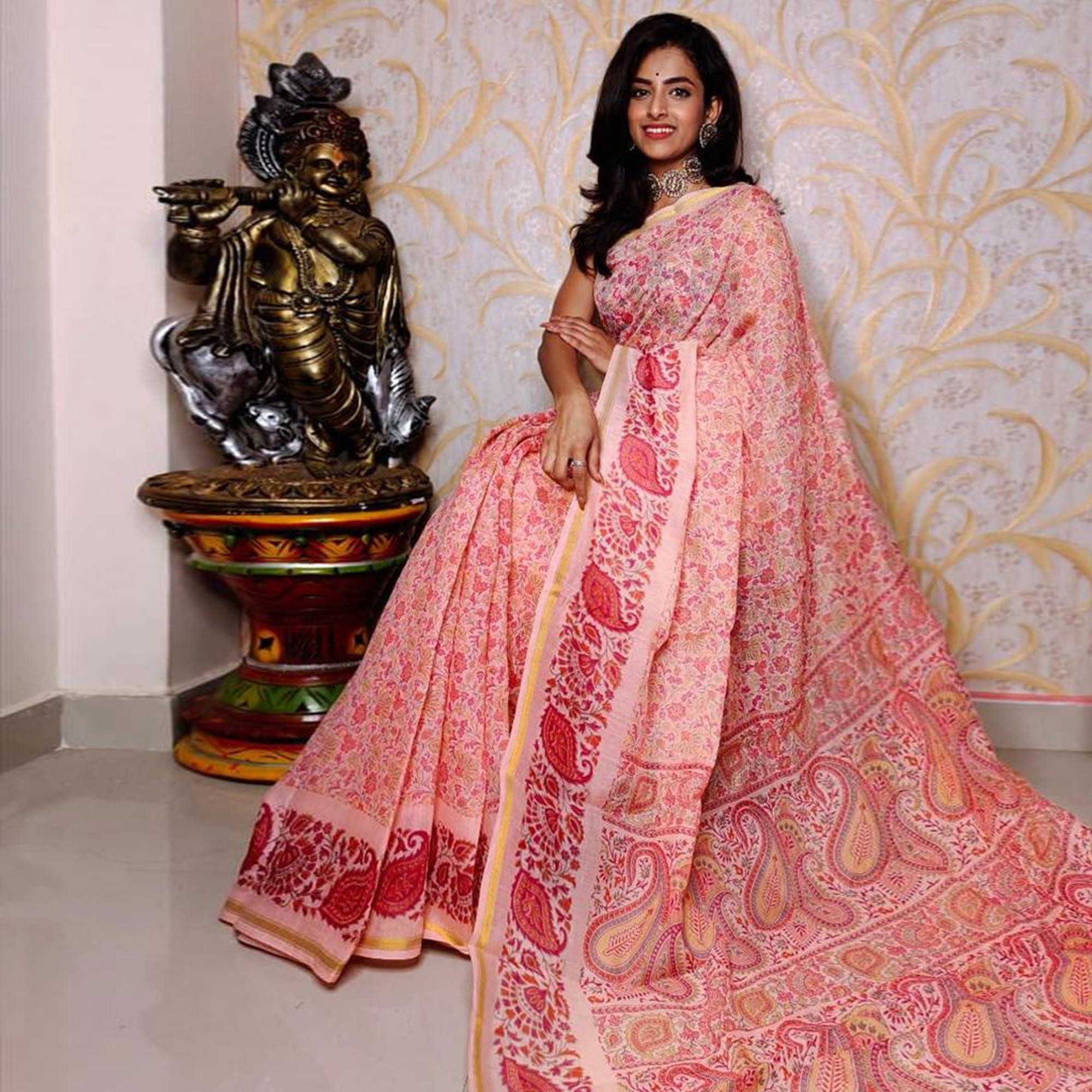 Peach Casual Wear Digital Printed Chanderi Silk Saree - Peachmode