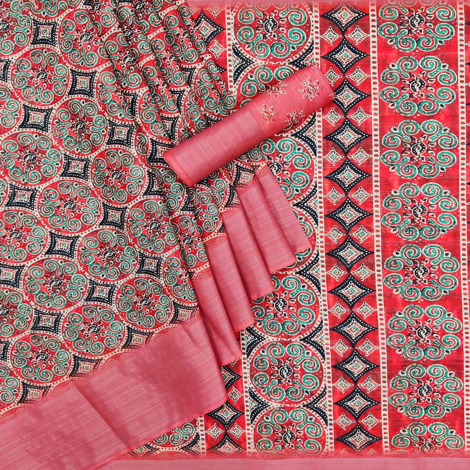 Peach Casual Wear Digital Printed Cotton Silk Saree - Peachmode