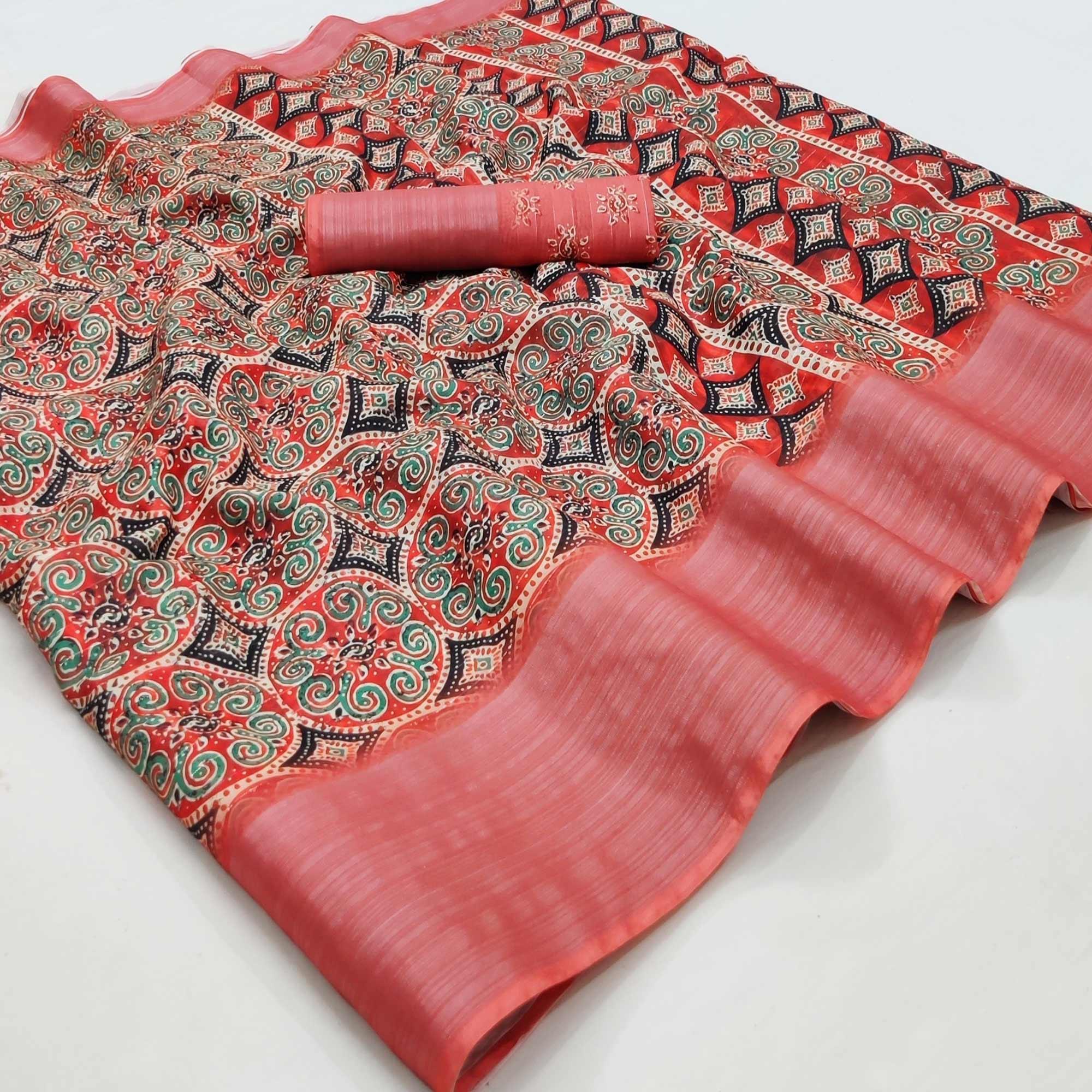Peach Casual Wear Digital Printed Cotton Silk Saree - Peachmode
