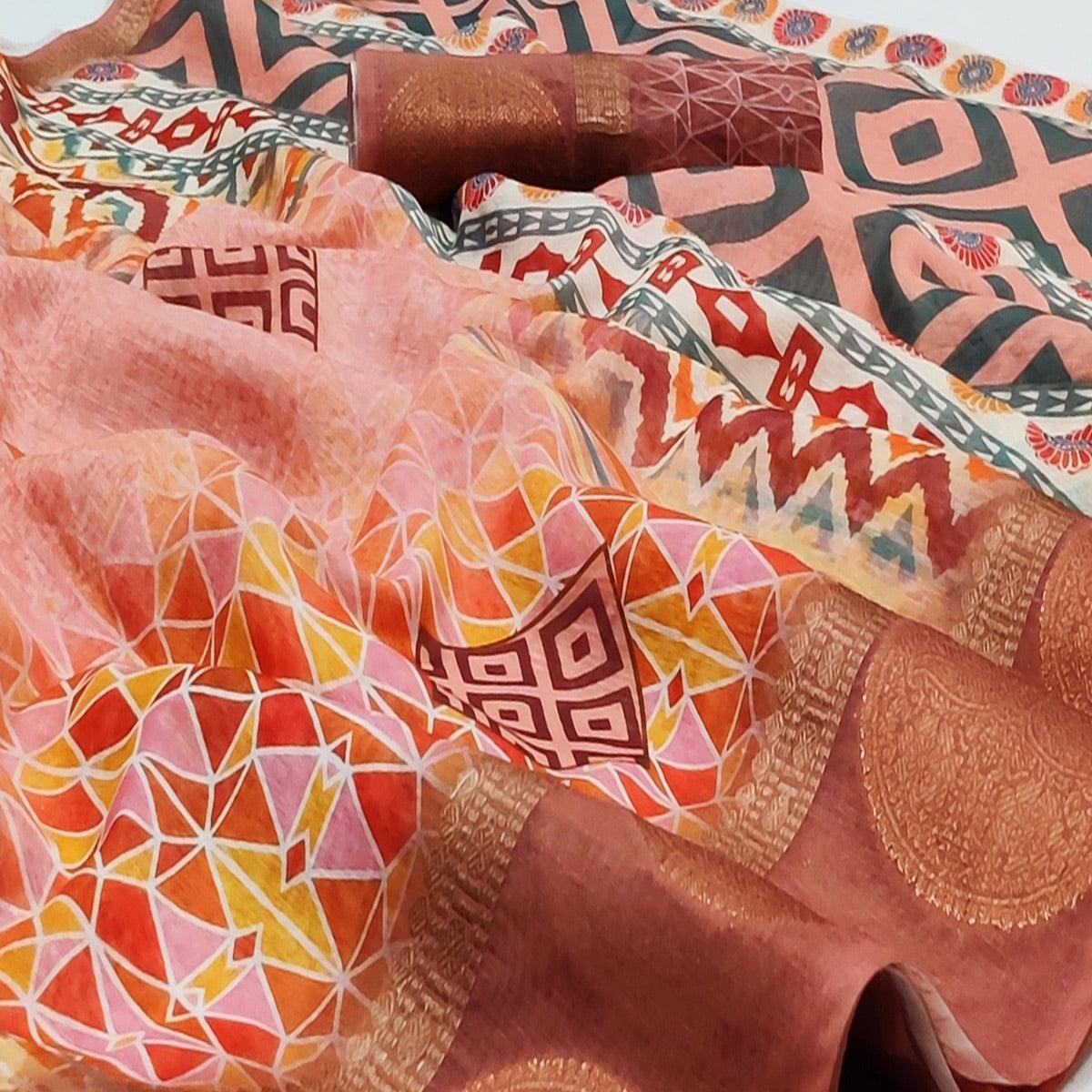 Peach Casual Wear Digital Printed Linen Saree Woven Border - Peachmode