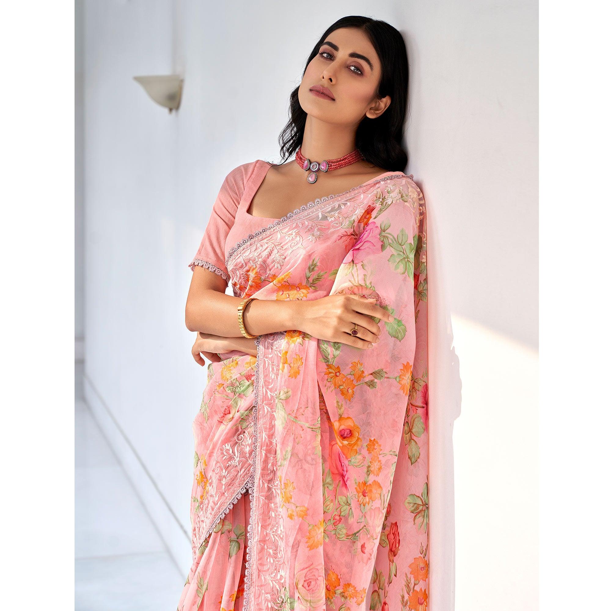 Peach Casual Wear Digital Printed Organza Saree - Peachmode