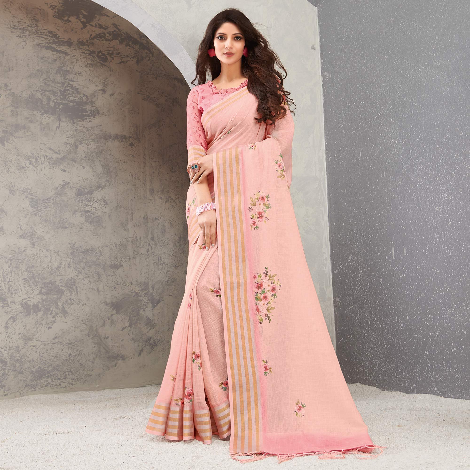 Peach Casual Wear Digital Printed Pure Linen Saree - Peachmode