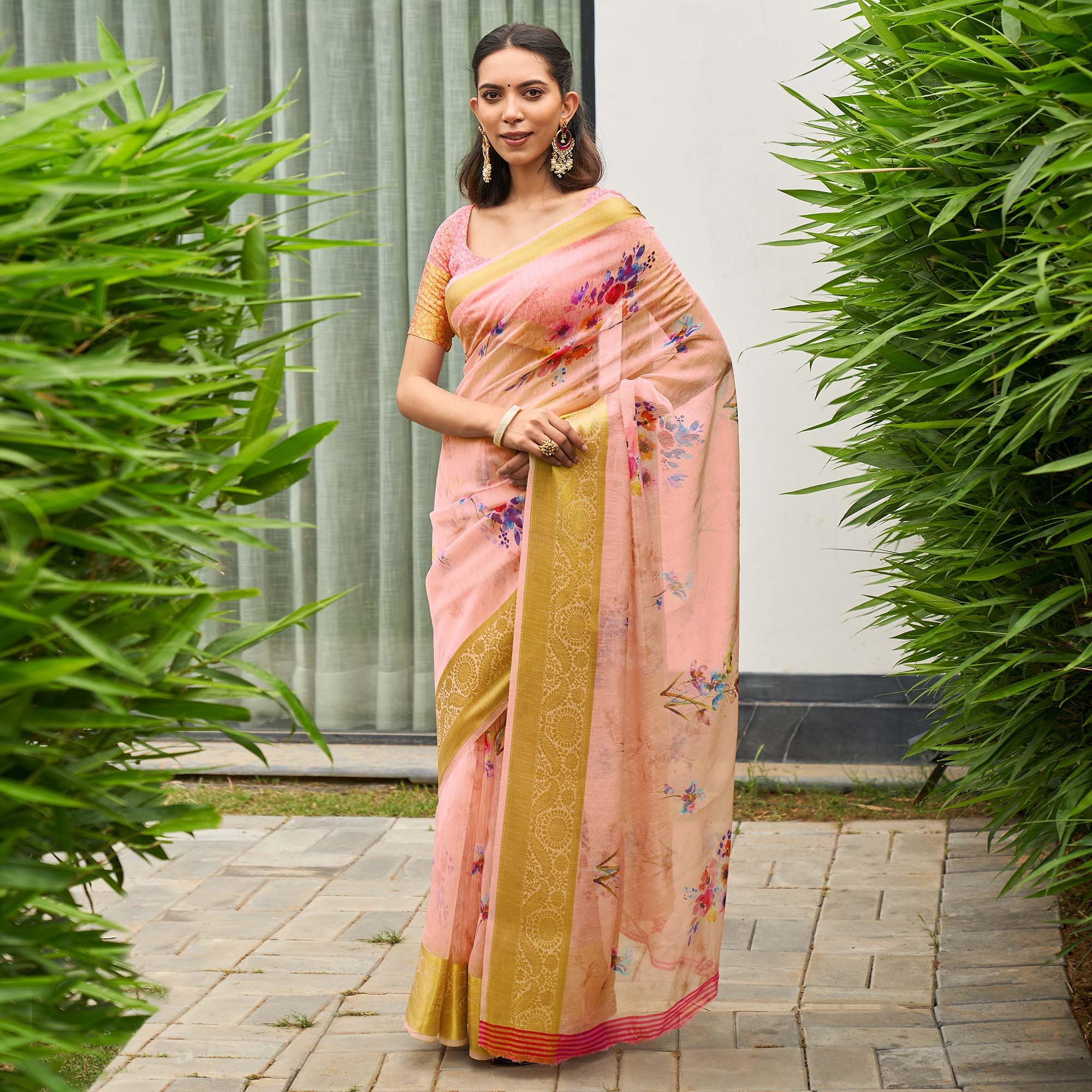Peach Casual Wear Digital Printed Soft Organza Saree - Peachmode