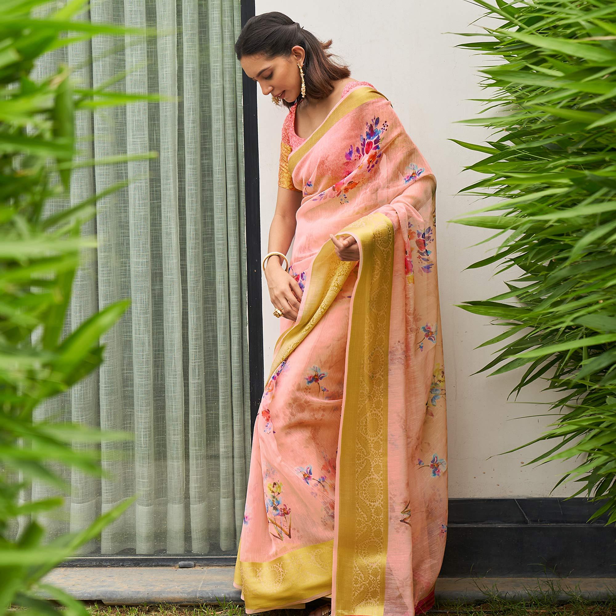 Peach Casual Wear Digital Printed Soft Organza Saree - Peachmode