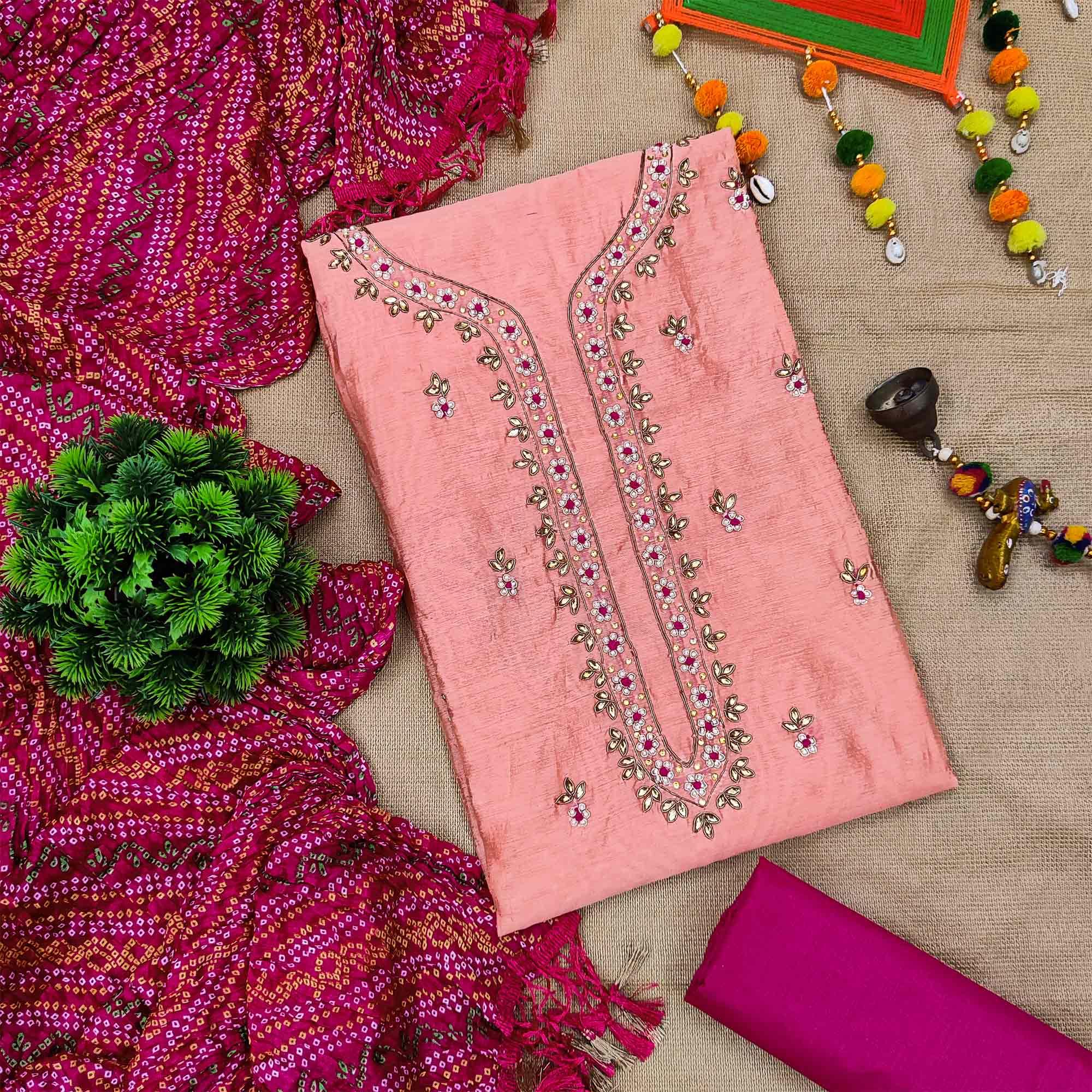 Peach Casual Wear Embroidered Chanderi Dress Material - Peachmode