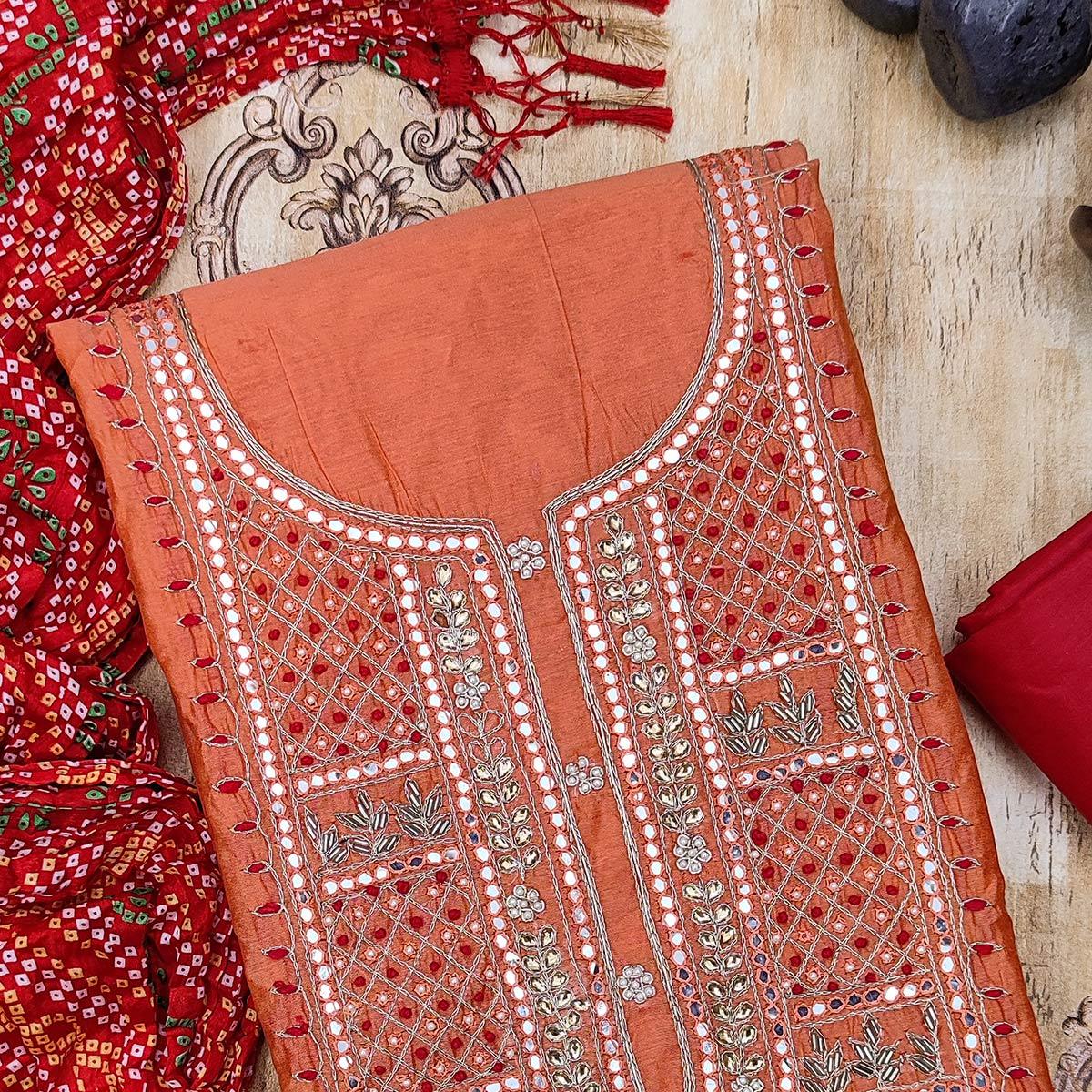 Peach Casual Wear Embroidered Chanderi Dress Material - Peachmode