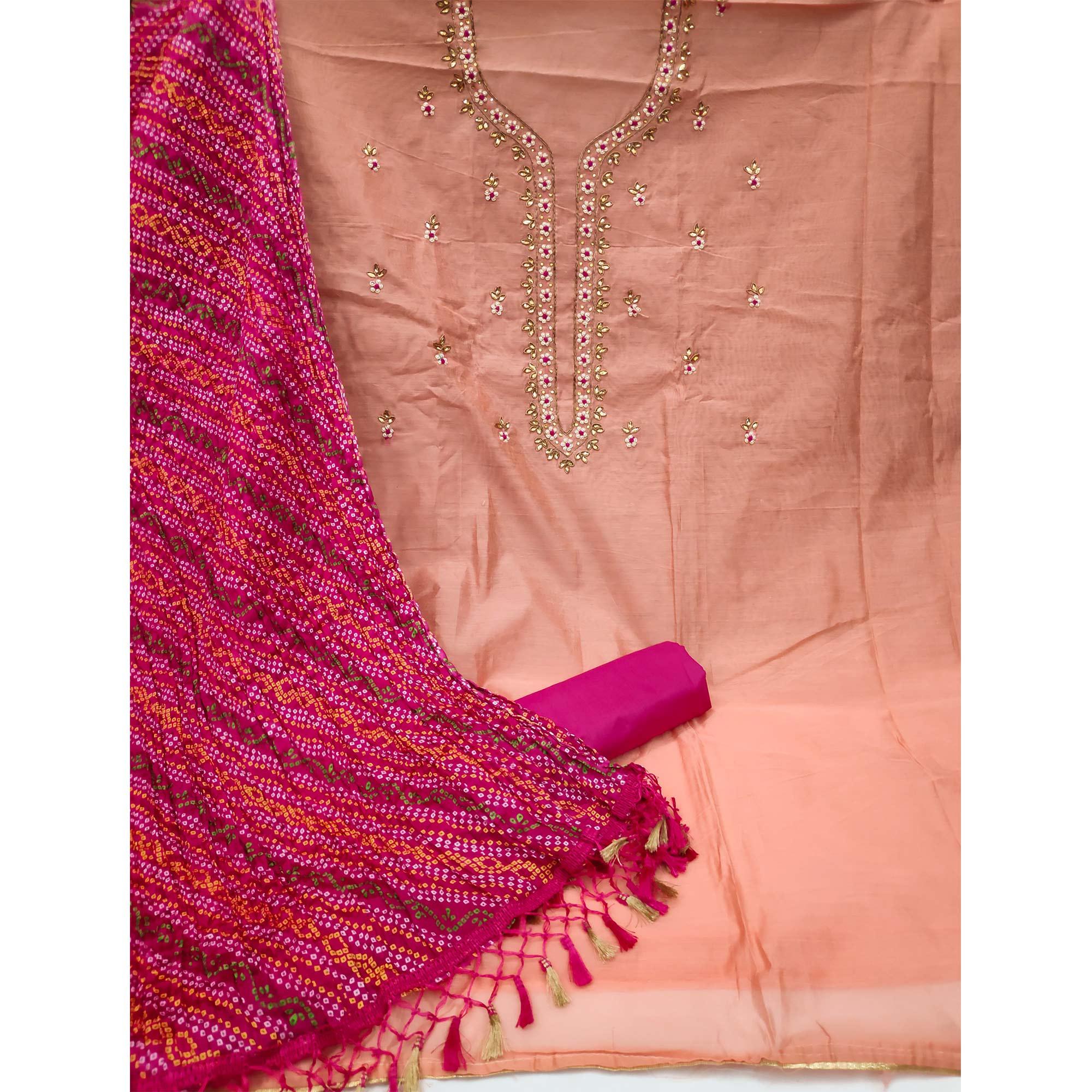 Peach Casual Wear Embroidered Chanderi Dress Material - Peachmode