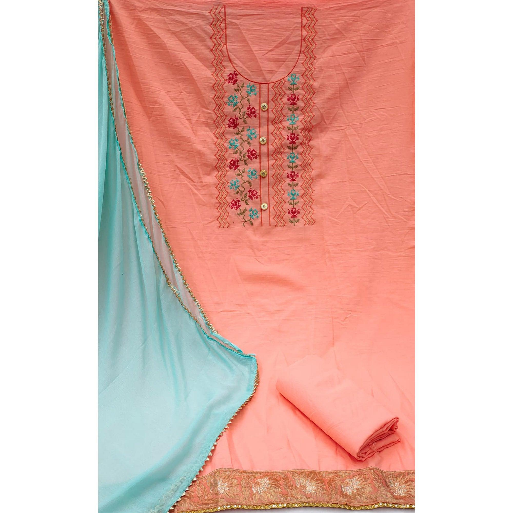 Peach Casual Wear Embroidered Cotton Dress Material - Peachmode