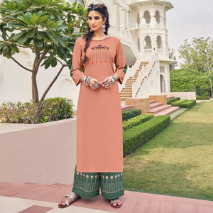 Peach Casual Wear Embroidered Heavy Rayon Kurti - Palazzo Set - Peachmode