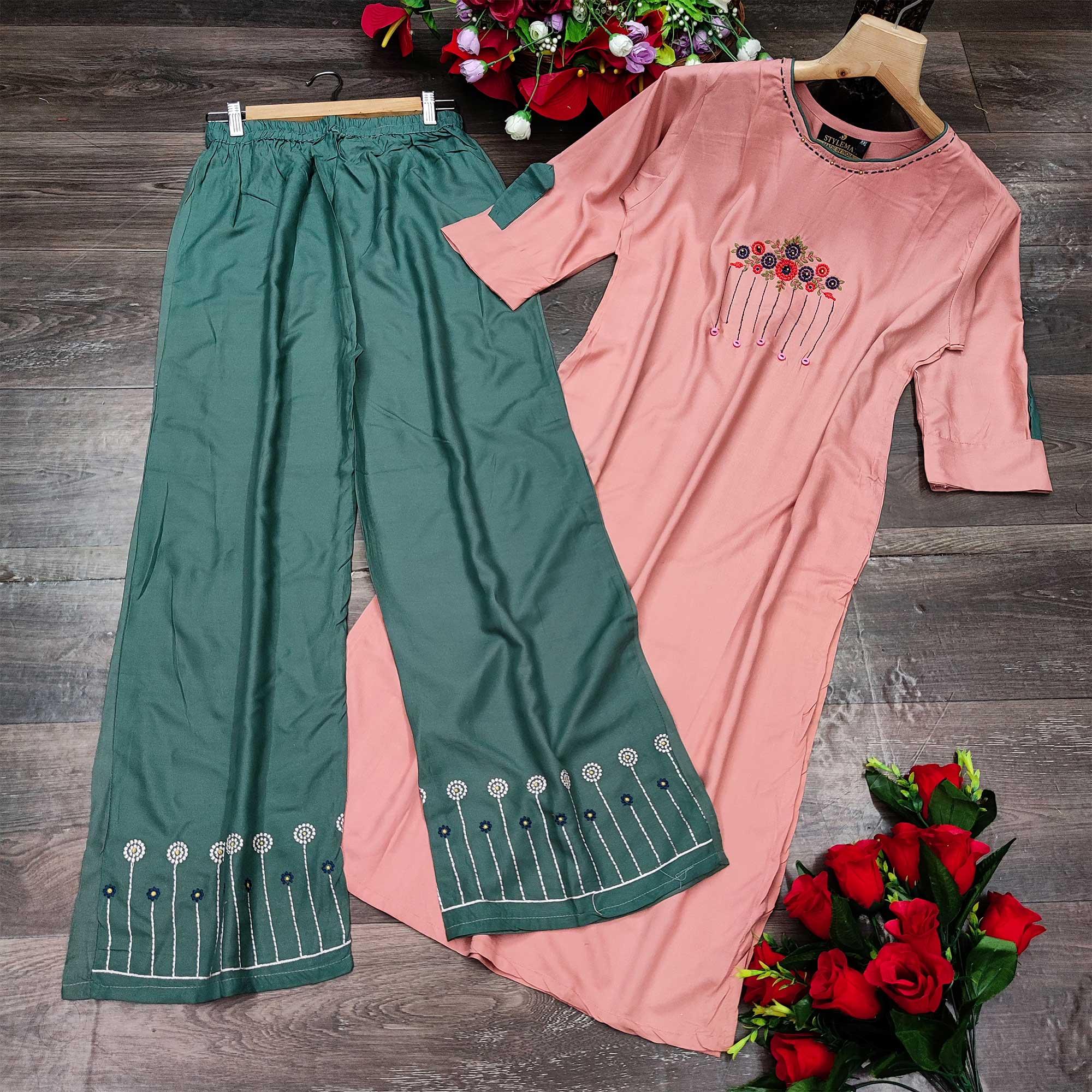 Peach Casual Wear Embroidered Heavy Rayon Kurti - Palazzo Set - Peachmode
