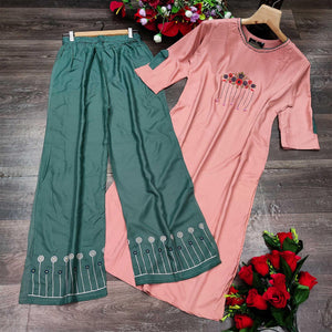 Peach Casual Wear Embroidered Heavy Rayon Kurti - Palazzo Set - Peachmode