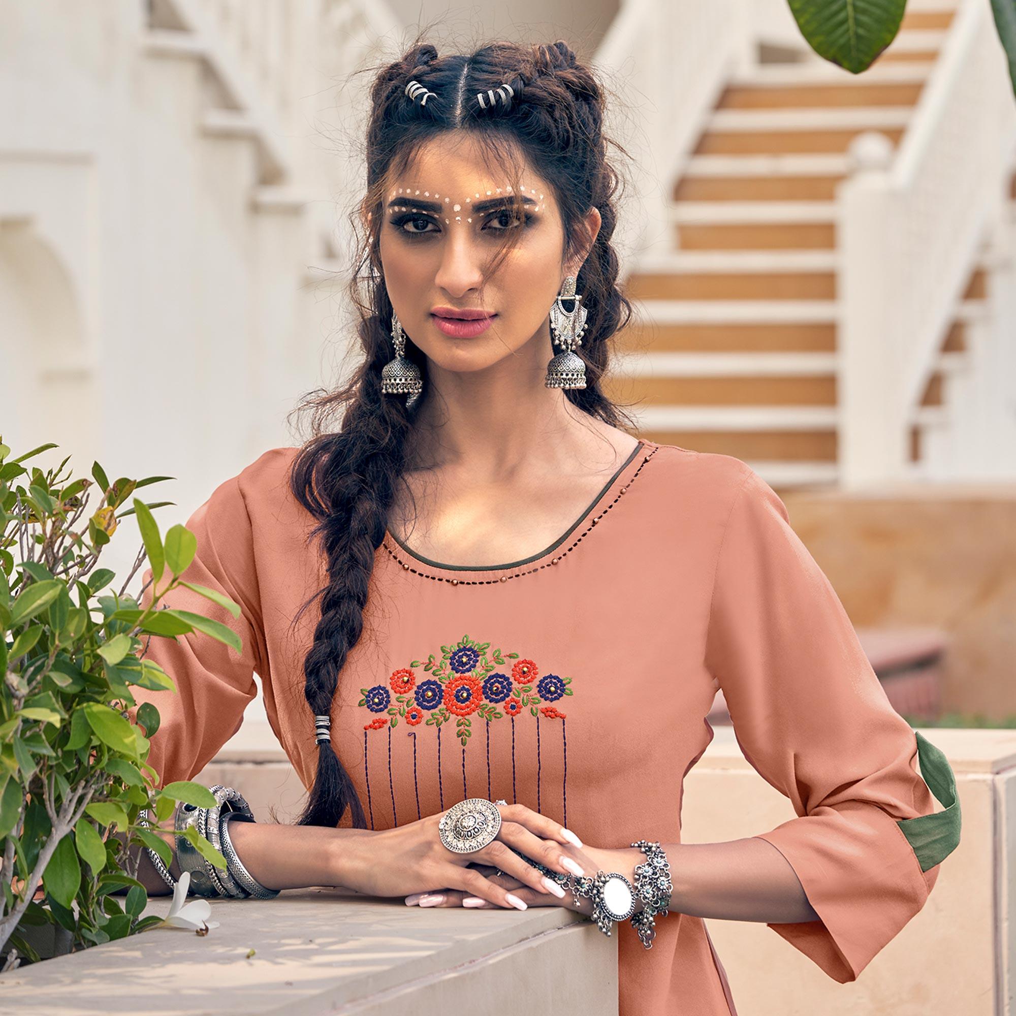 Peach Casual Wear Embroidered Heavy Rayon Kurti - Palazzo Set - Peachmode
