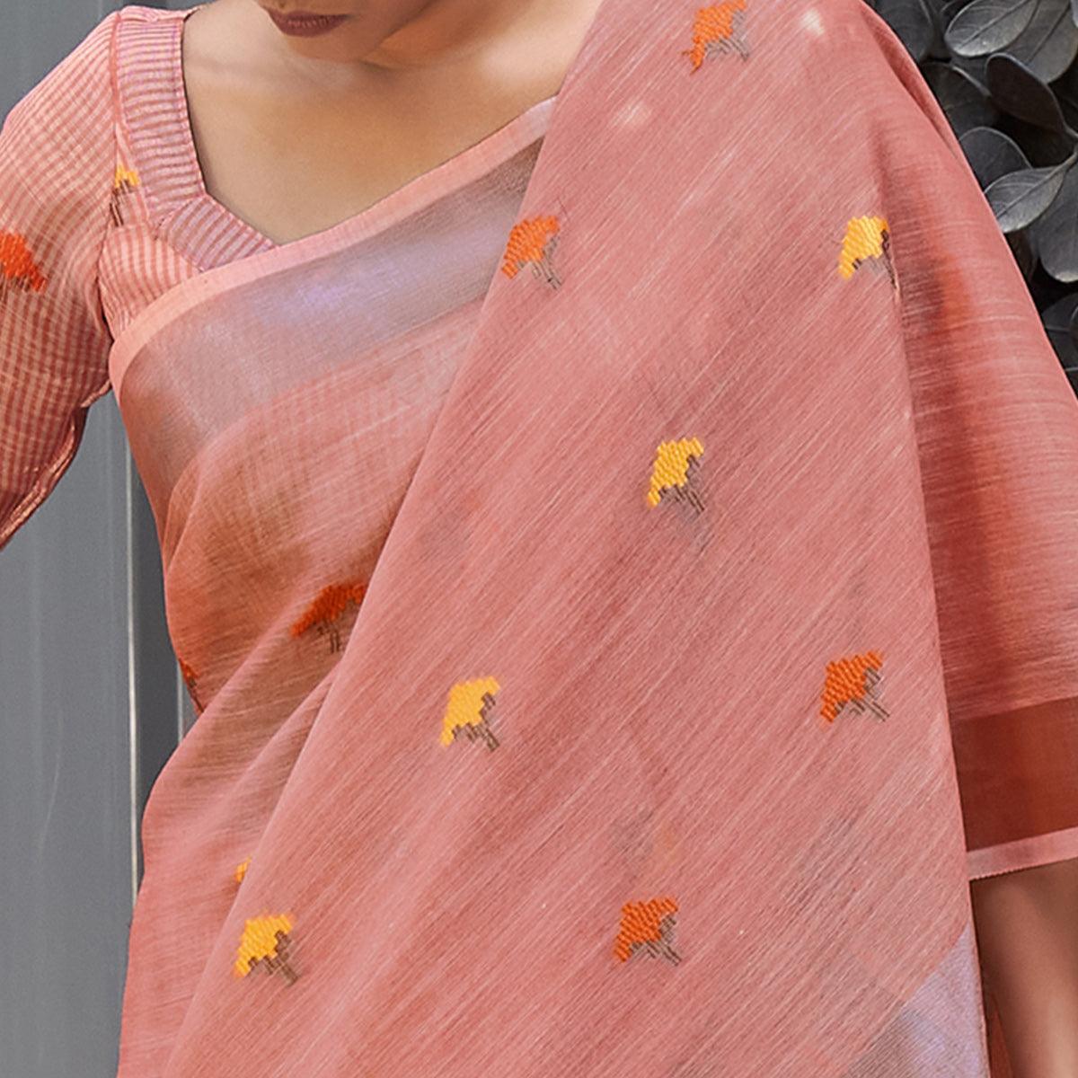 Peach Casual Wear Embroidered Linen Saree - Peachmode