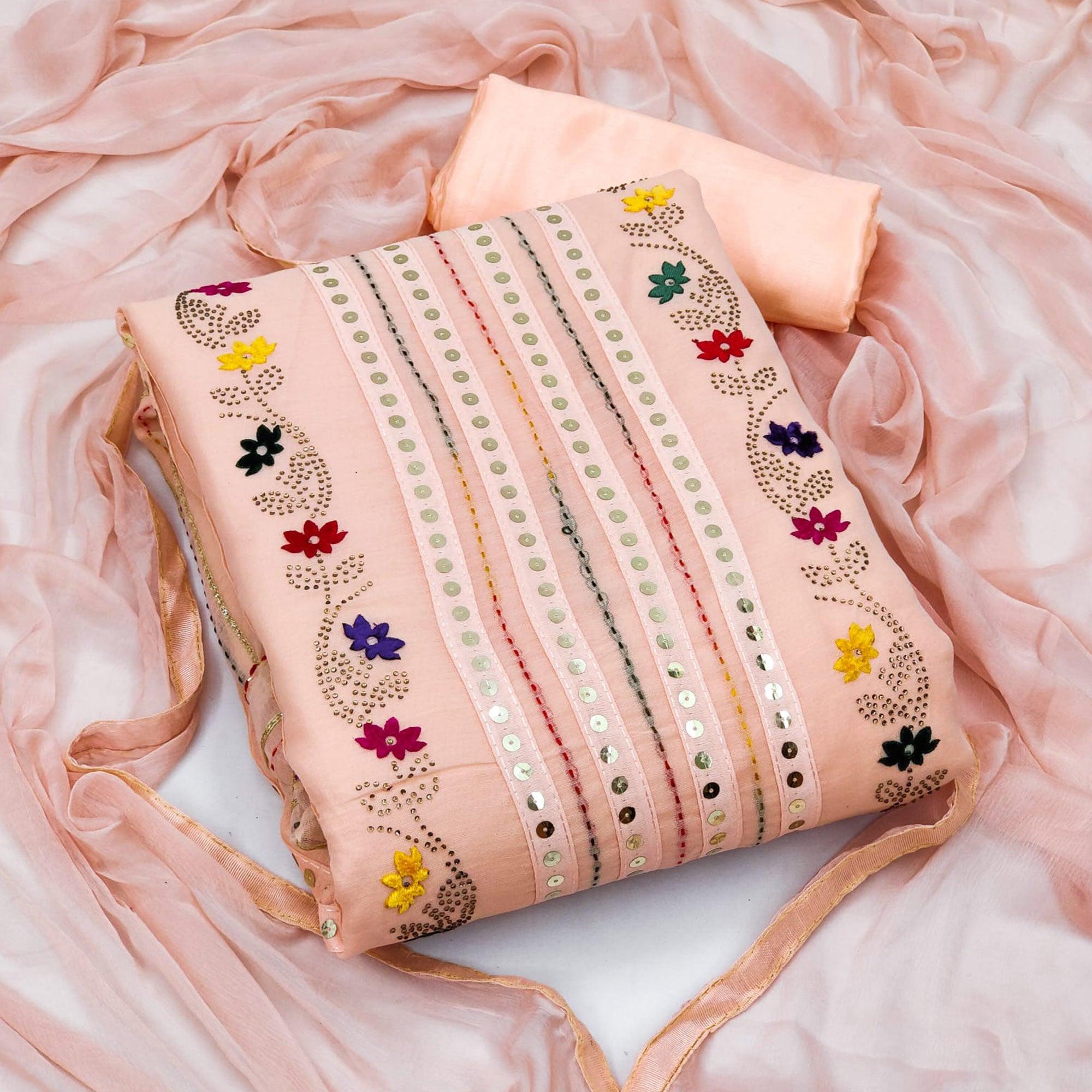 Peach Casual Wear Embroidered With Embellished Chanderi Dress Material - Peachmode