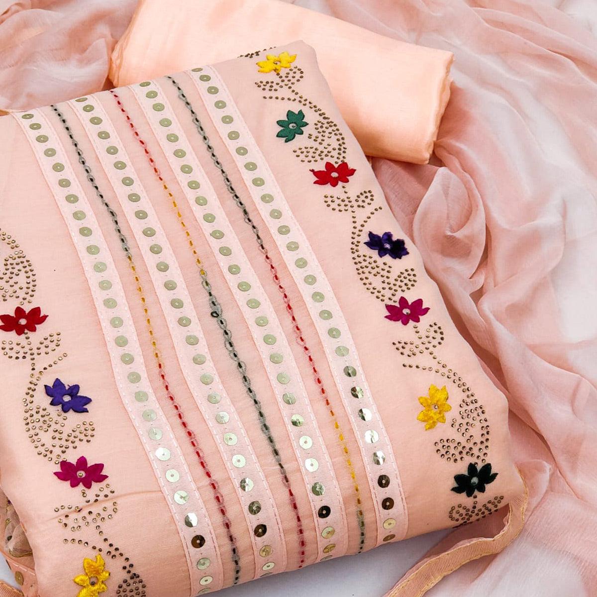 Peach Casual Wear Embroidered With Embellished Chanderi Dress Material - Peachmode