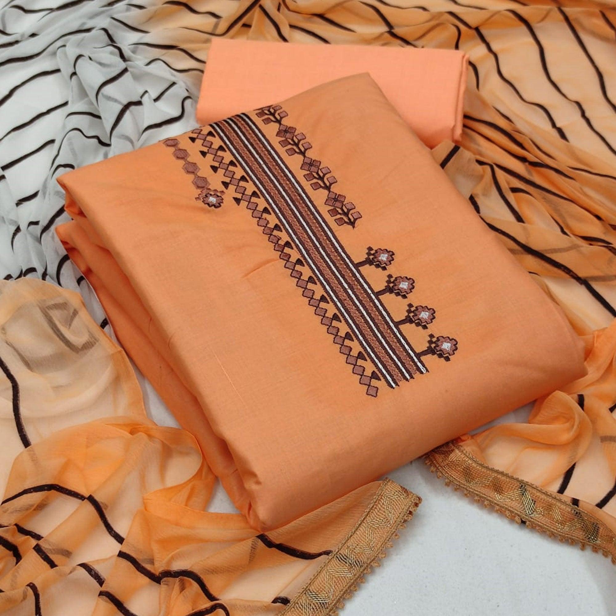 Peach Casual Wear Embroidery Work Poly Cotton Dress Material - Peachmode