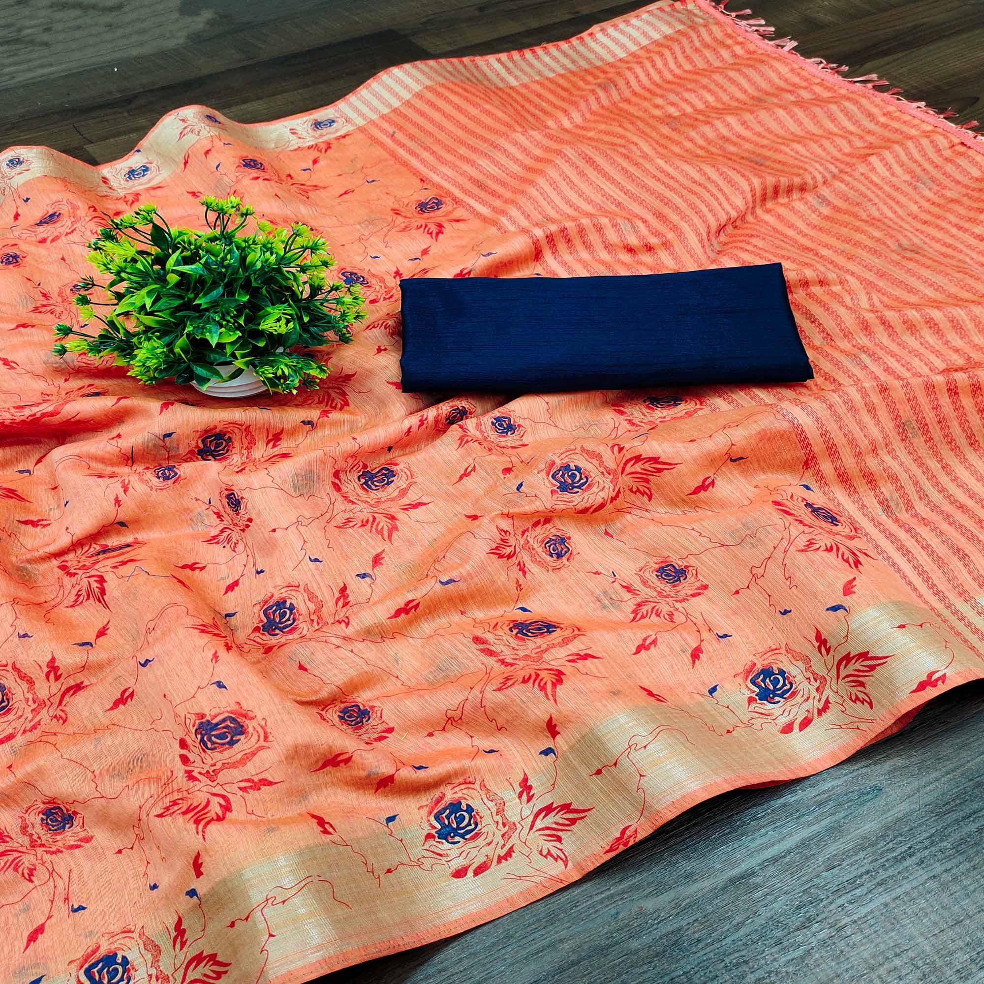 Peach Casual Wear Floral Block Printed Cotton Blend Saree - Peachmode