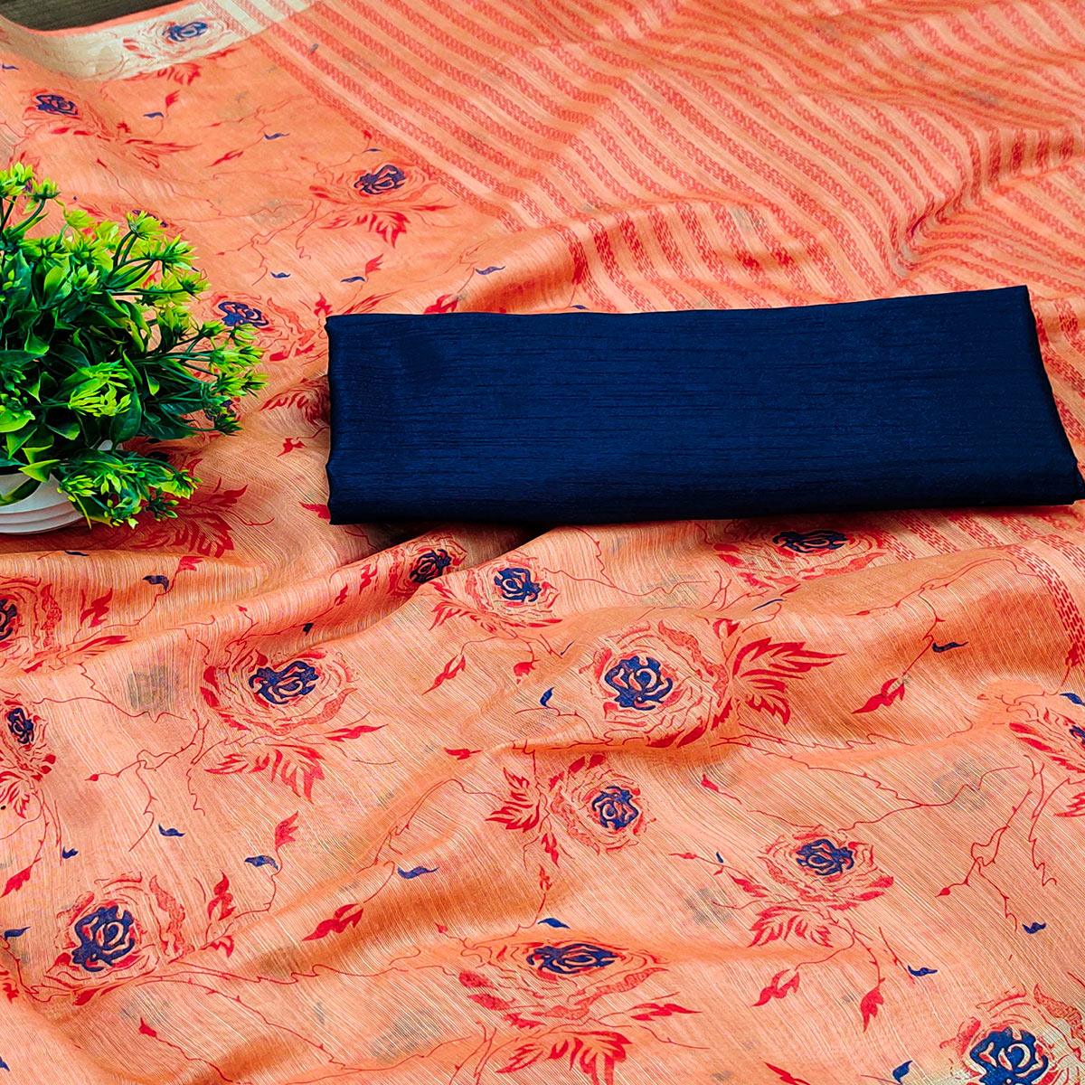 Peach Casual Wear Floral Block Printed Cotton Blend Saree - Peachmode