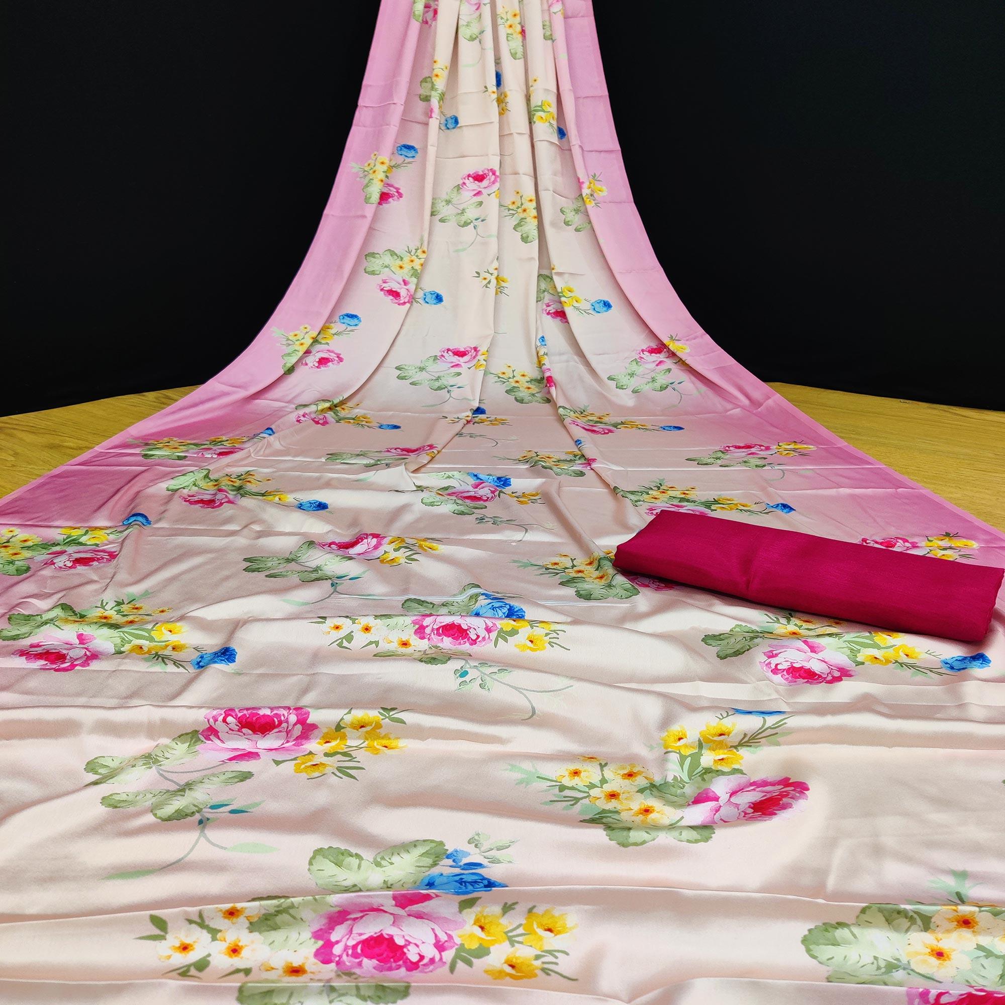 Peach Casual Wear Floral Digital Printed Satin Silk Saree - Peachmode