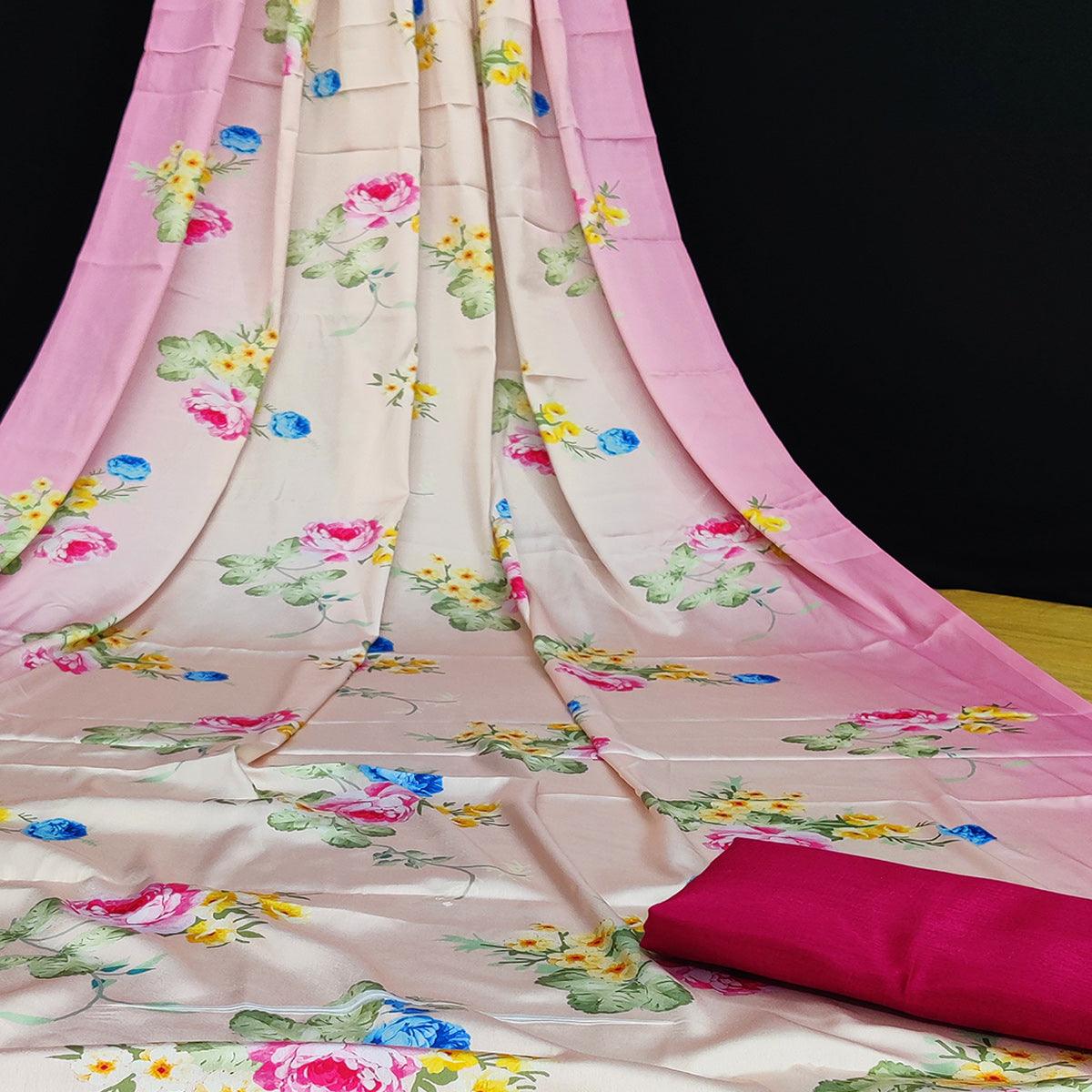 Peach Casual Wear Floral Digital Printed Satin Silk Saree - Peachmode