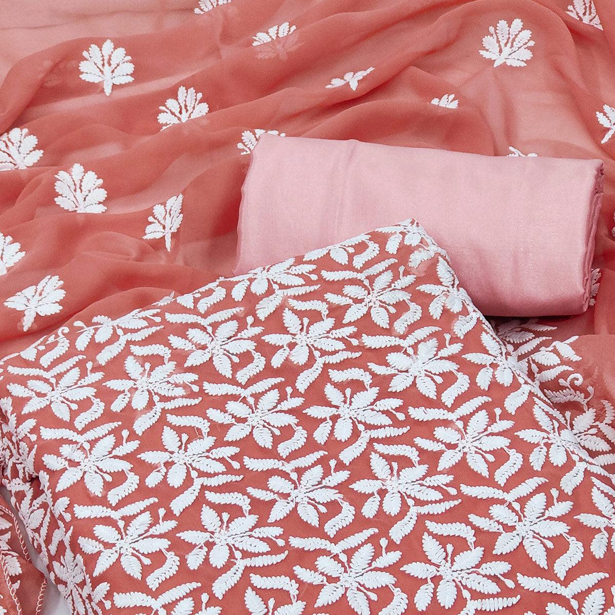 Peach Casual Wear Floral Embroidered Georgette Dress Material - Peachmode