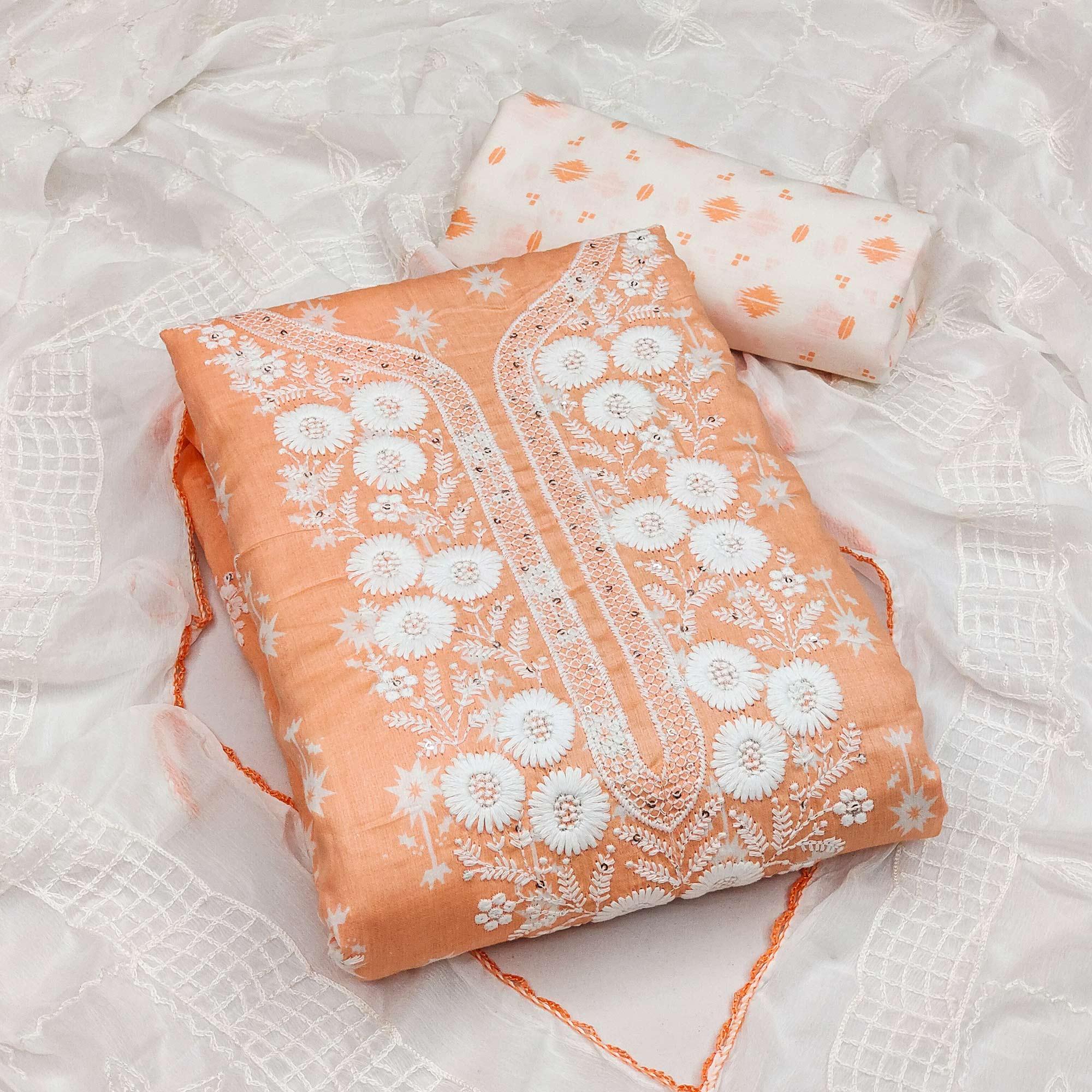 Peach Casual Wear Floral Embroidered With Print Cotton Dress Material - Peachmode