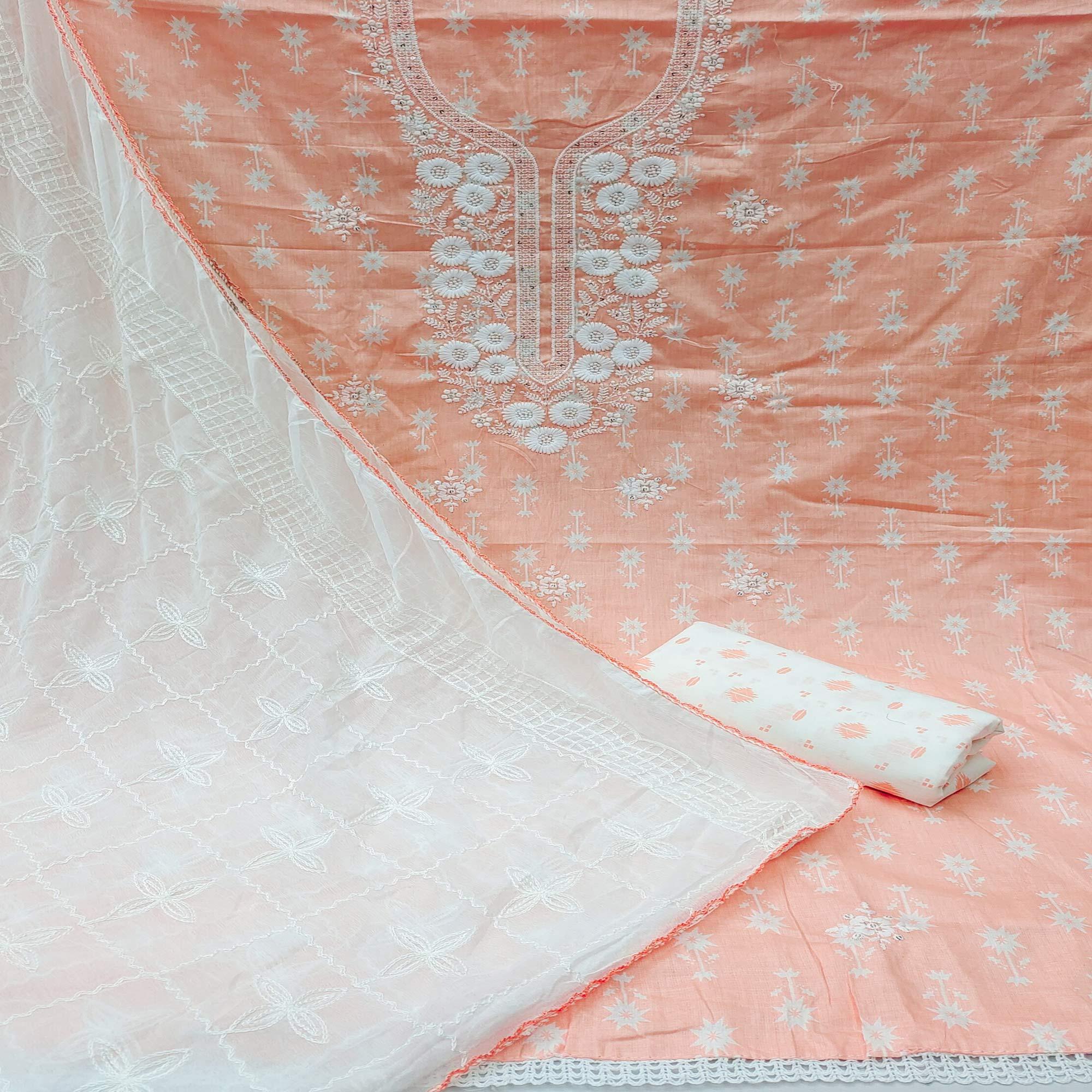 Peach Casual Wear Floral Embroidered With Print Cotton Dress Material - Peachmode