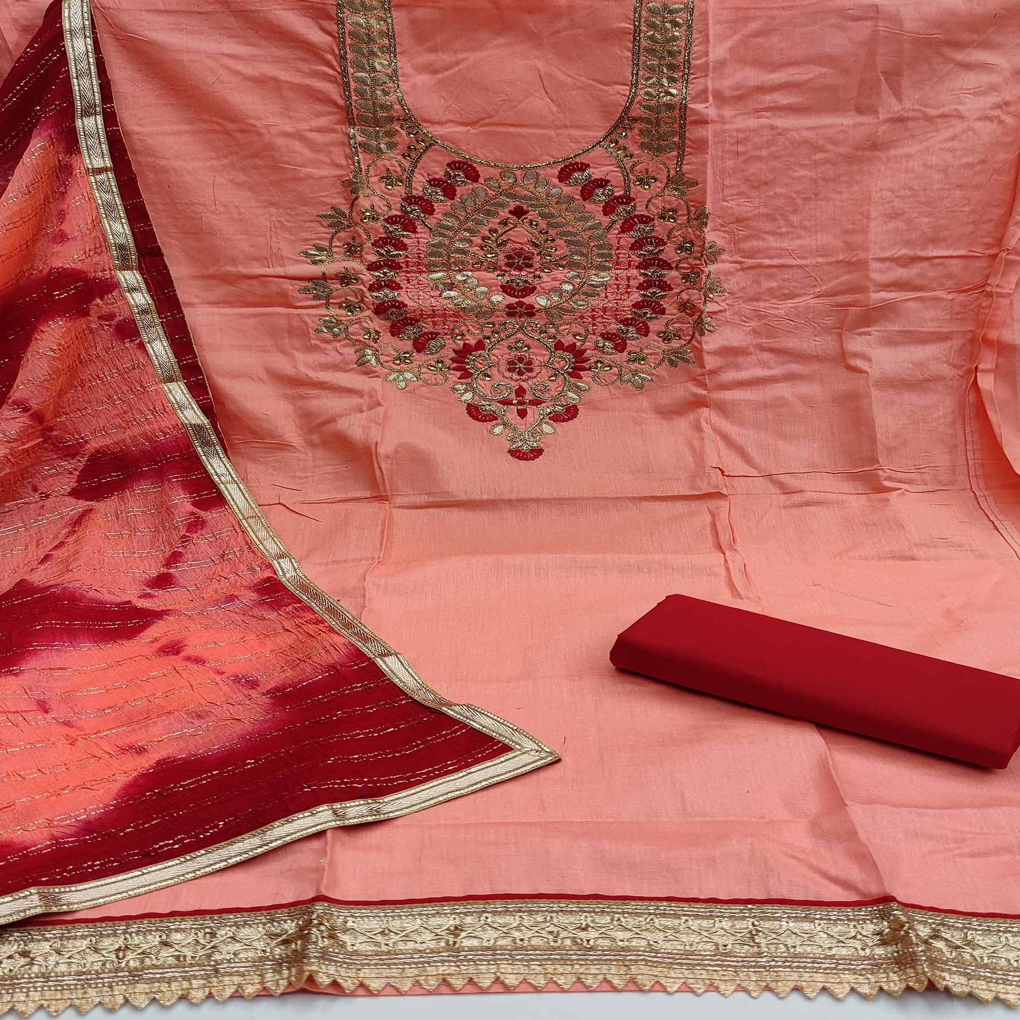 Peach Casual Wear Floral Embroidery With Hand Work Cotton Dress Material - Peachmode