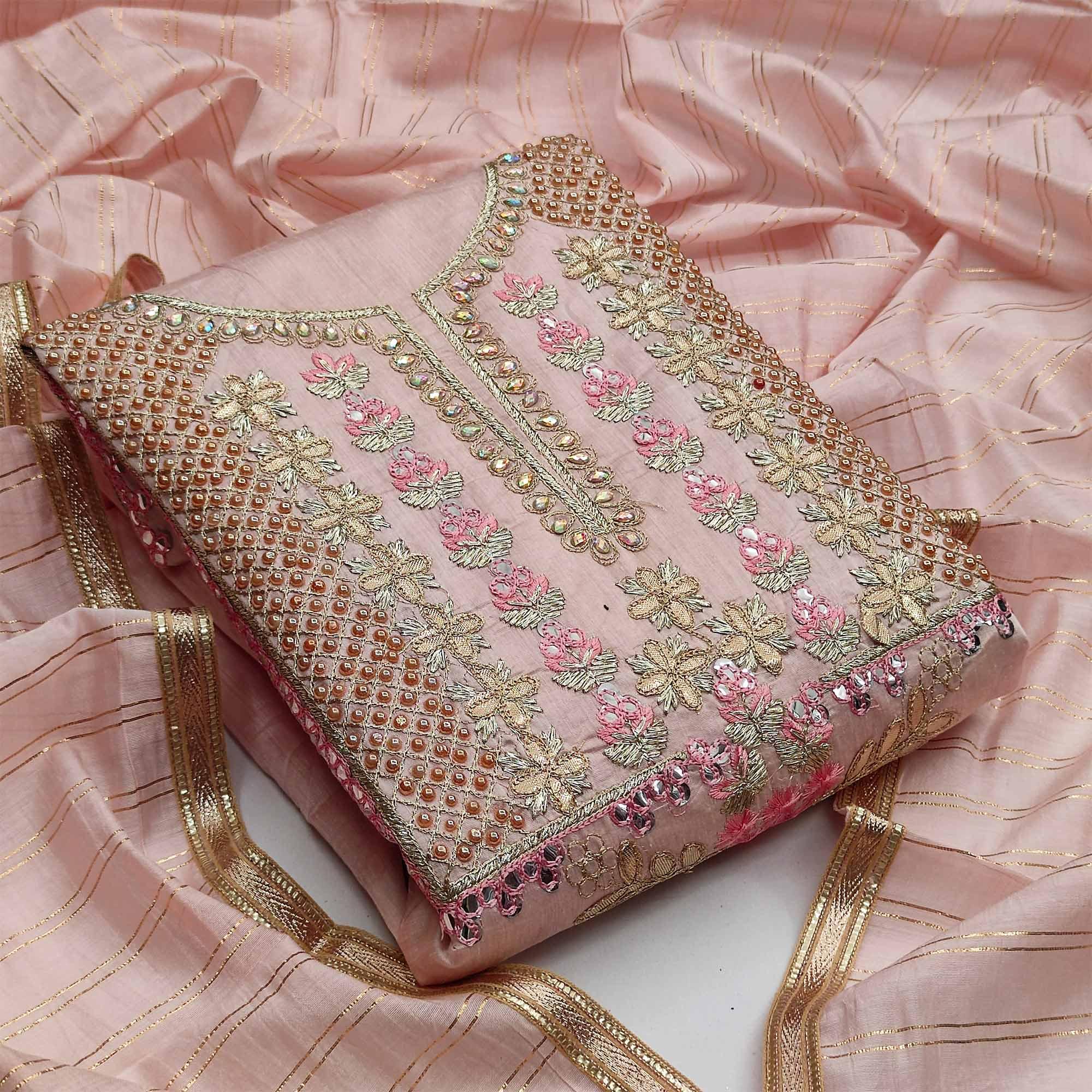 Peach Casual Wear Floral Embroidery With Hand Work Modal Chanderi Dress Material - Peachmode