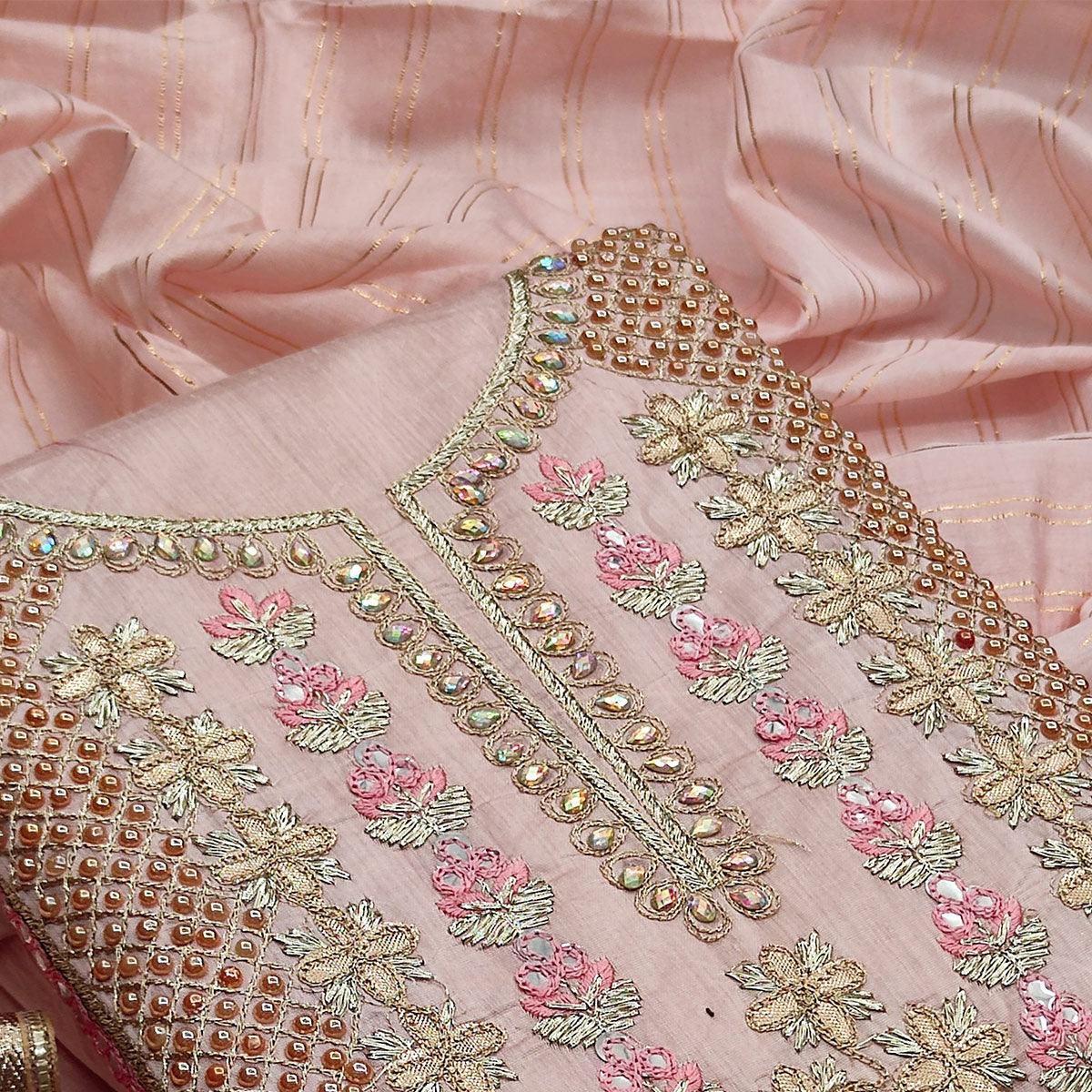 Peach Casual Wear Floral Embroidery With Hand Work Modal Chanderi Dress Material - Peachmode