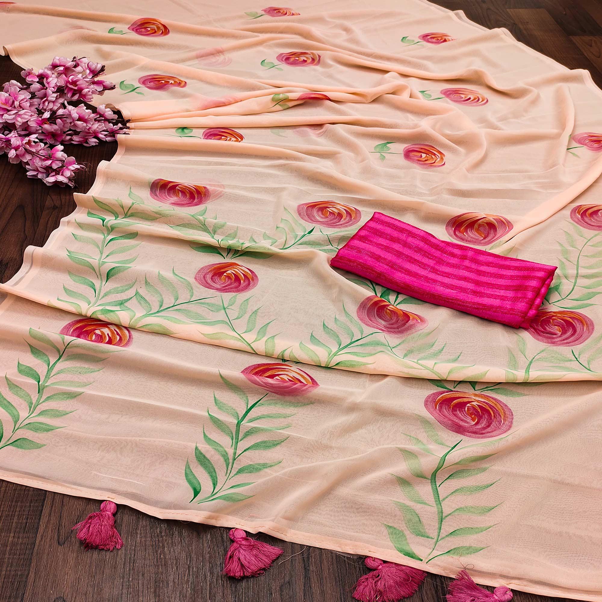 Peach Casual Wear Floral Hand Printed Georgette Saree - Peachmode