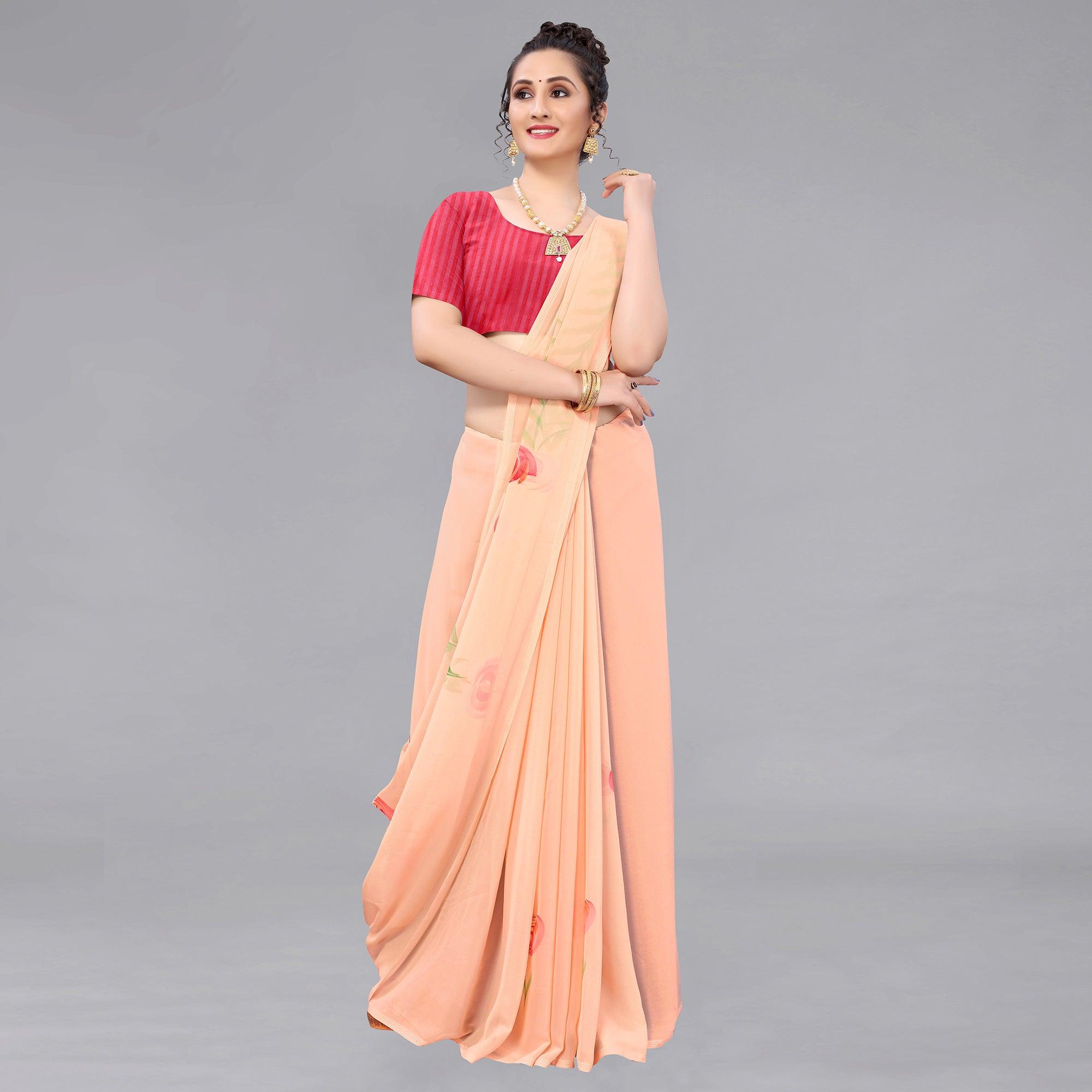 Peach Casual Wear Floral Hand Printed Georgette Saree - Peachmode