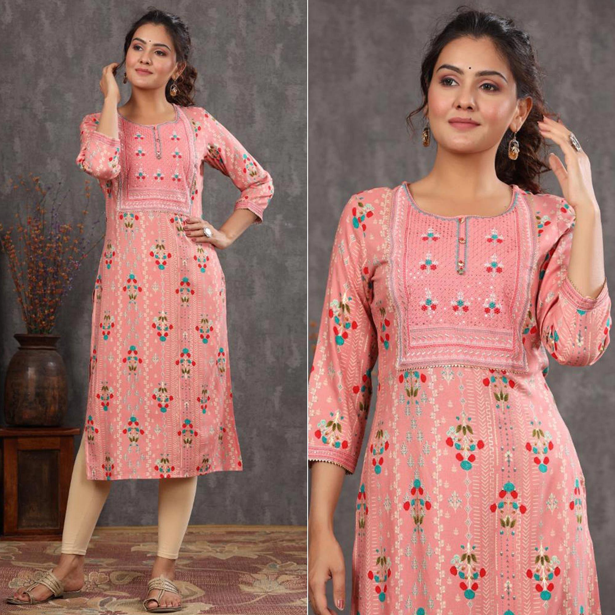 Peach Casual Wear Floral Print With Sequence Rayon Kurti - Peachmode