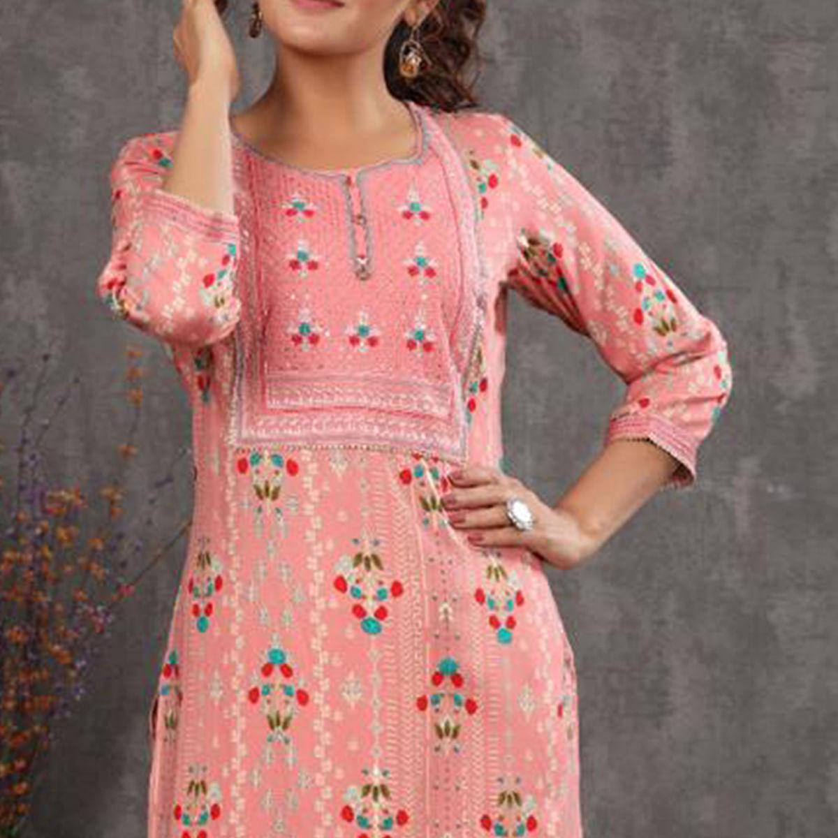 Peach Casual Wear Floral Print With Sequence Rayon Kurti - Peachmode