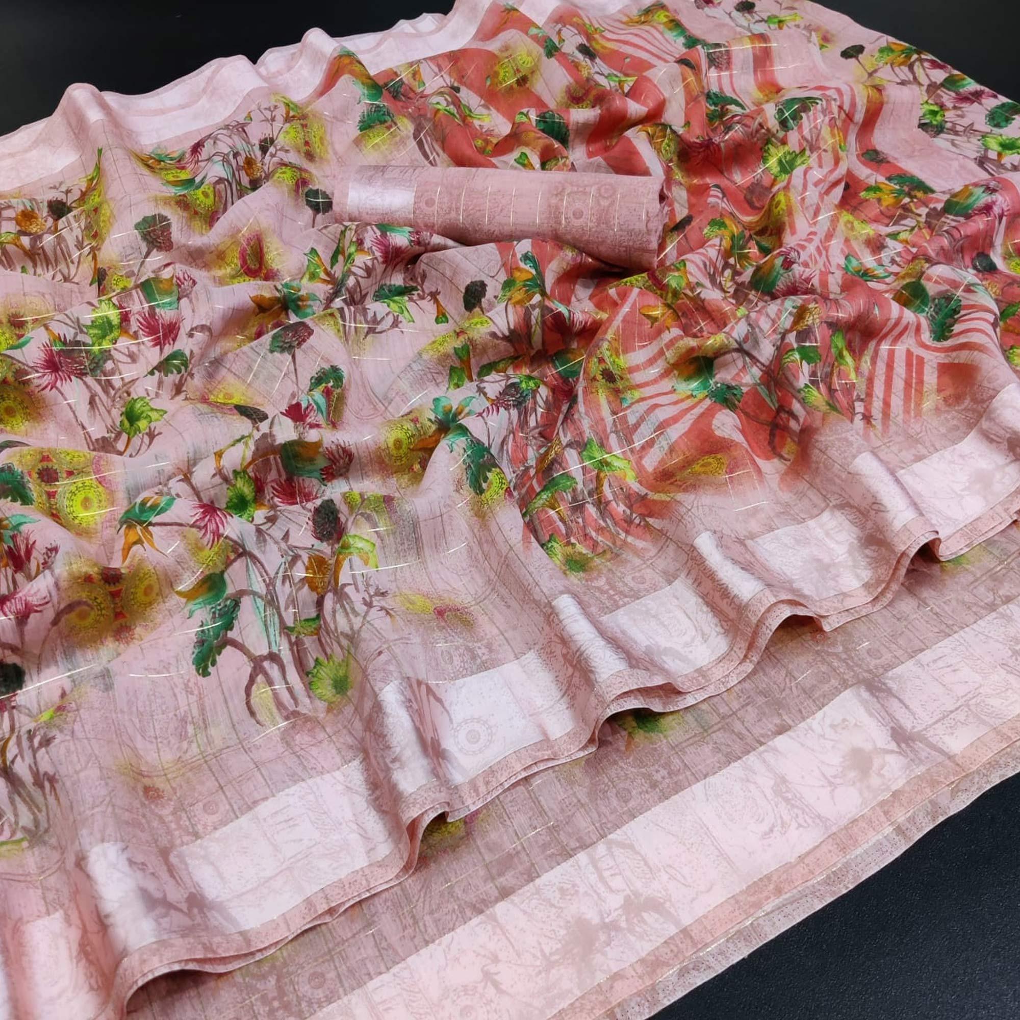 Peach Casual Wear Floral Print With Zari Checks Cotton Saree - Peachmode