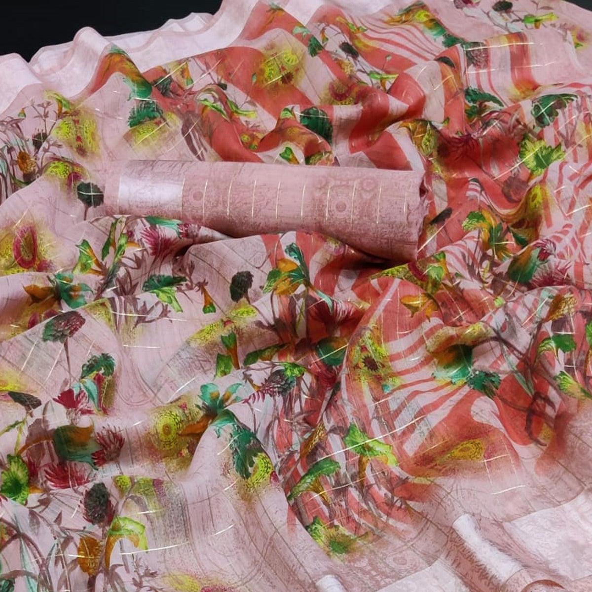 Peach Casual Wear Floral Print With Zari Checks Cotton Saree - Peachmode