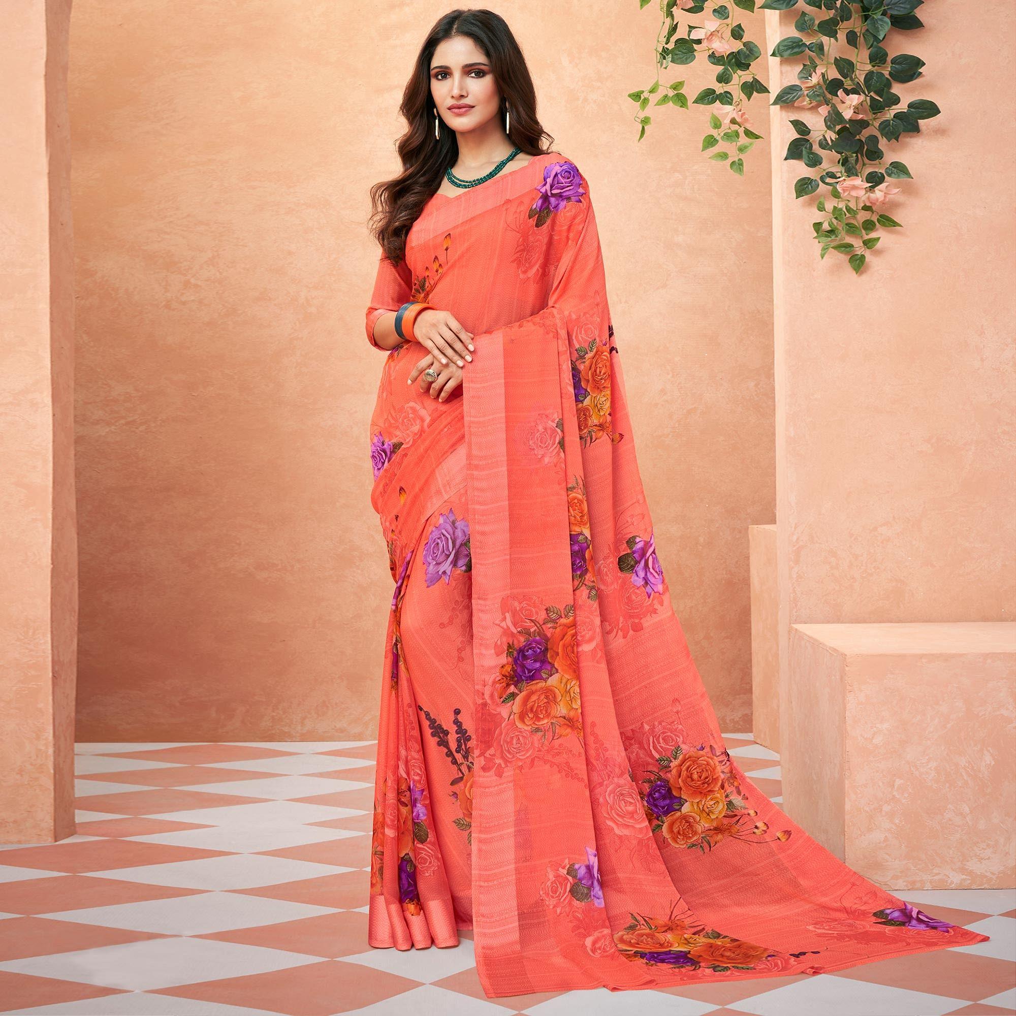 Peach Casual Wear Floral Printed Chiffon Saree - Peachmode