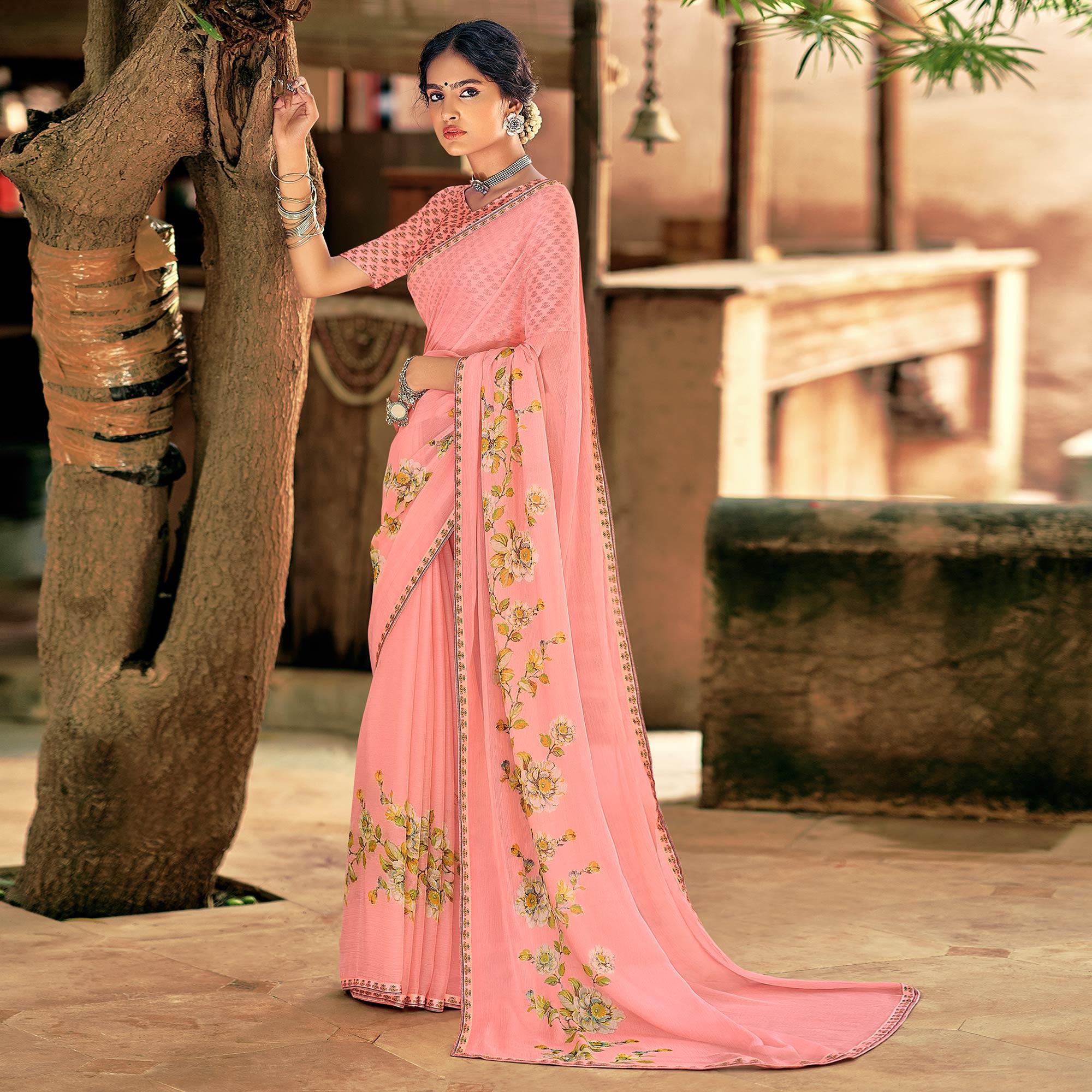 Peach Casual Wear Floral Printed Chiffon Saree With Fancy Blouse - Peachmode