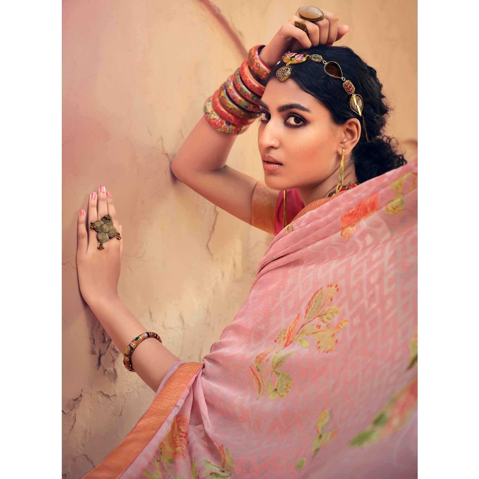 Peach Casual Wear Floral Printed Chiffon Saree With Fancy Lace - Peachmode