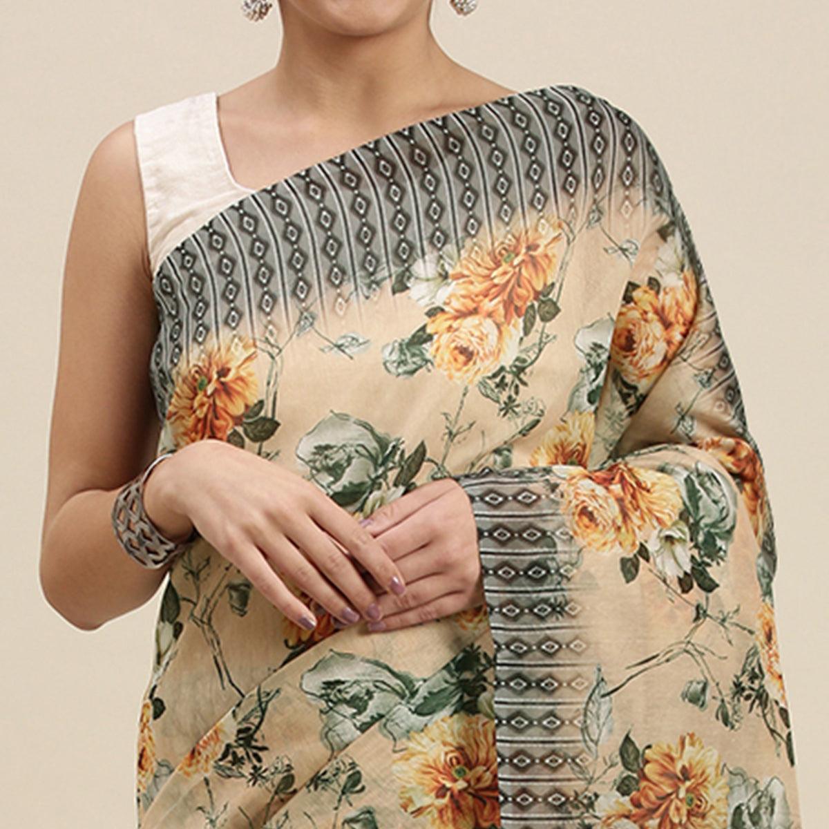 Peach Casual Wear Floral Printed Cotton Blend Saree With Tassels - Peachmode