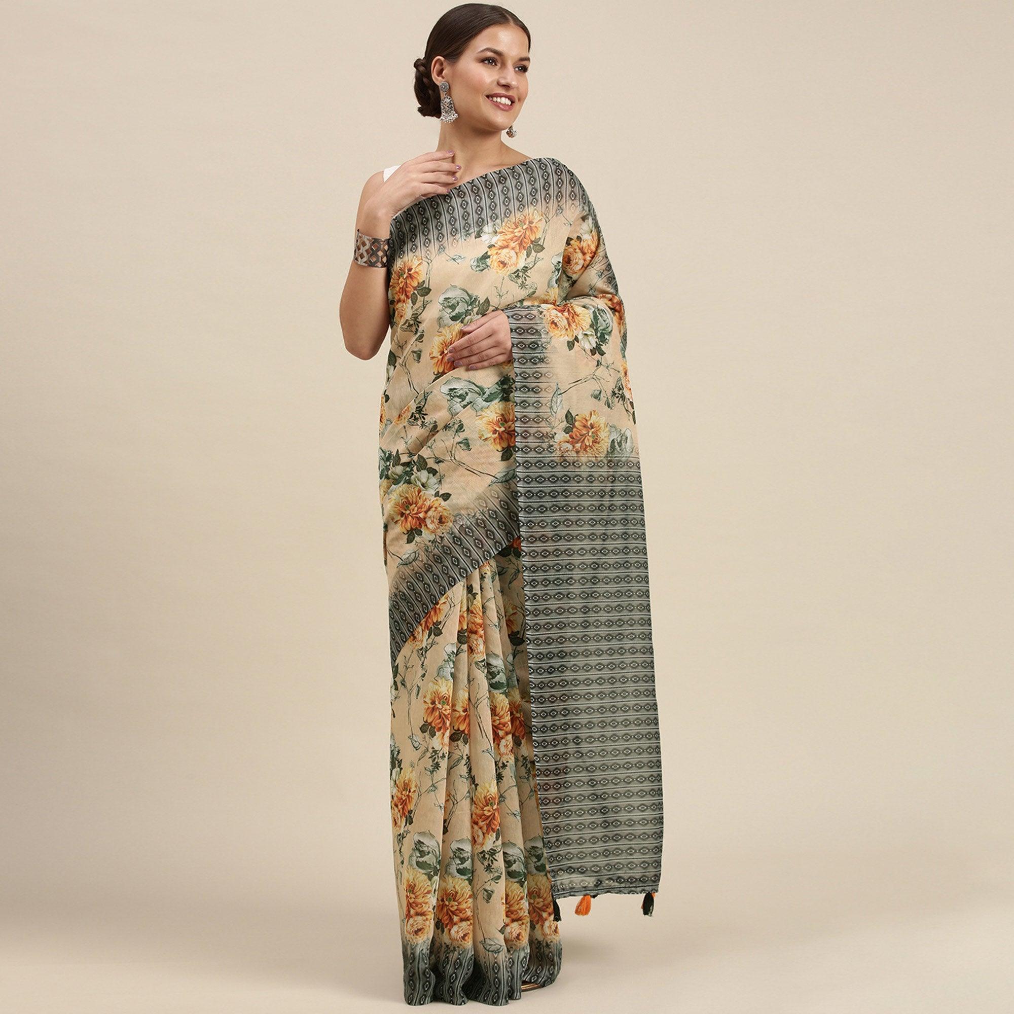 Peach Casual Wear Floral Printed Cotton Blend Saree With Tassels - Peachmode