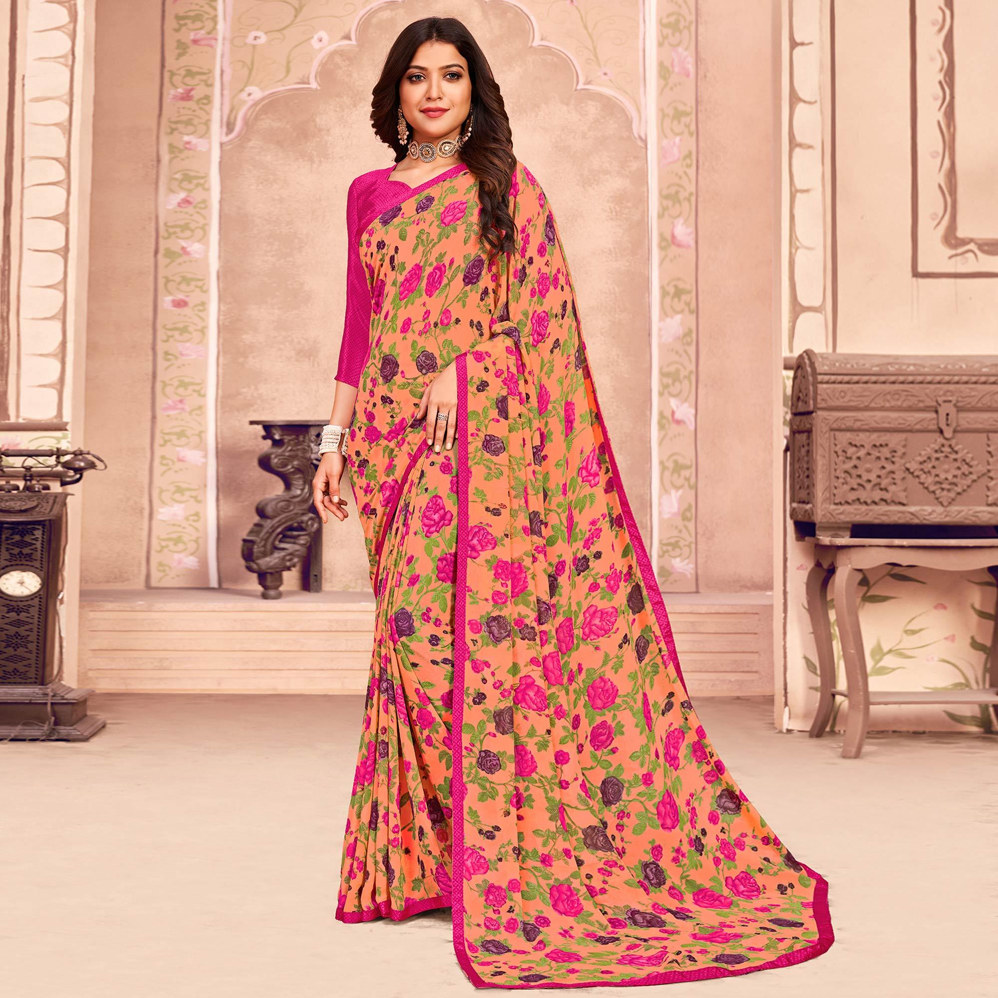 Peach Casual Wear Floral Printed Georgette Saree - Peachmode